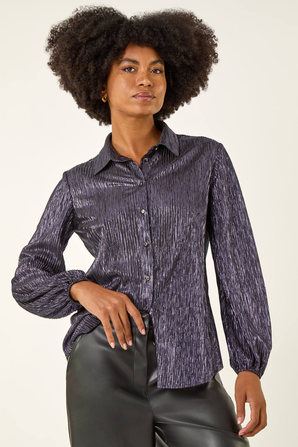 Midnight Blue Foil Plisse Button Through Blouse, Image 5 of 5