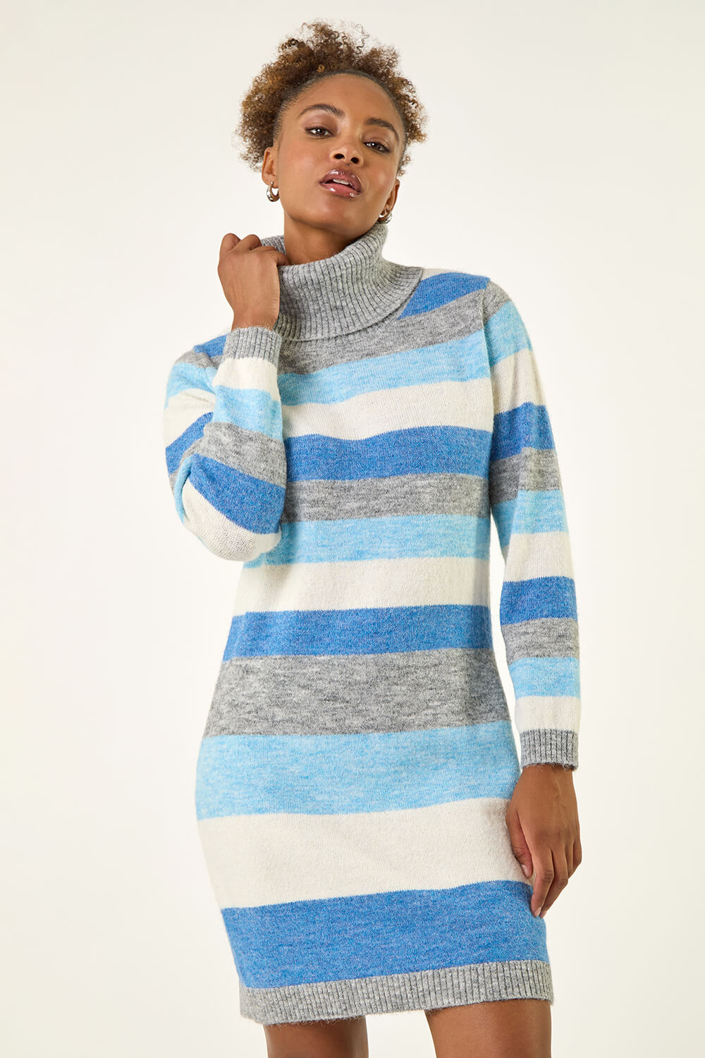 Blue Stripe Cowl Neck Knit Dress, Image 5 of 5