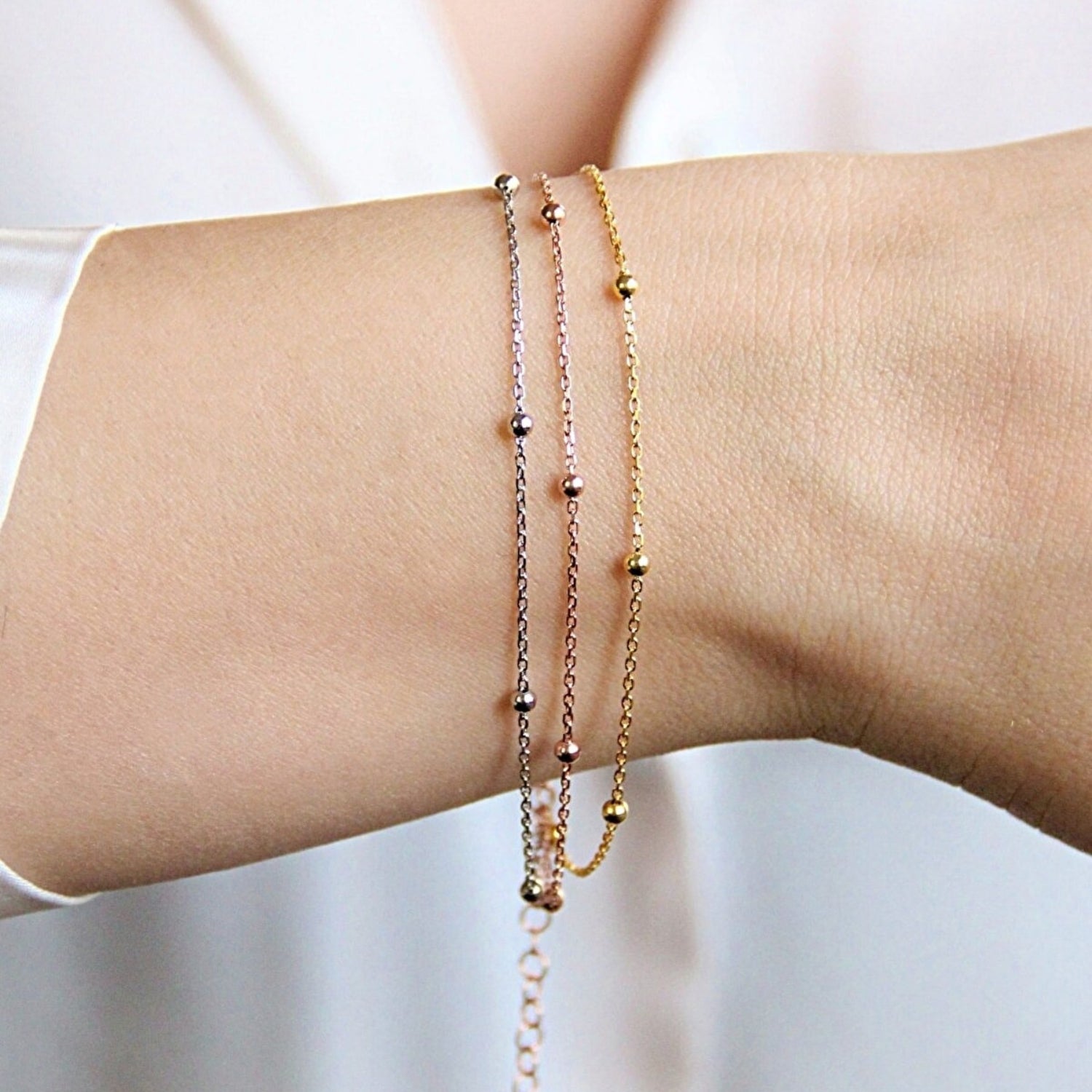 Rose Gold Bead Chain Sterling Silver Satellite Necklace and Bracelet Set, Image 2 of 2