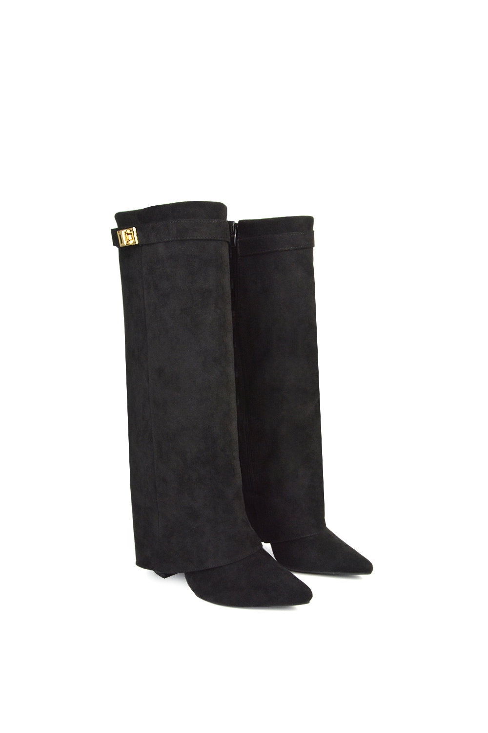 Black 'Rayna' Block Heel Knee High Foldover Boots With Pointed Toe, Image 3 of 6