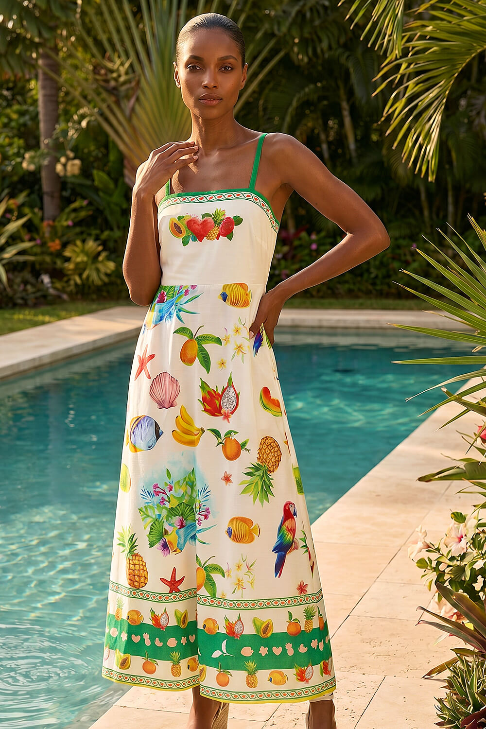 Ivory Fruit Print Strappy Midi Dress, Image 1 of 4
