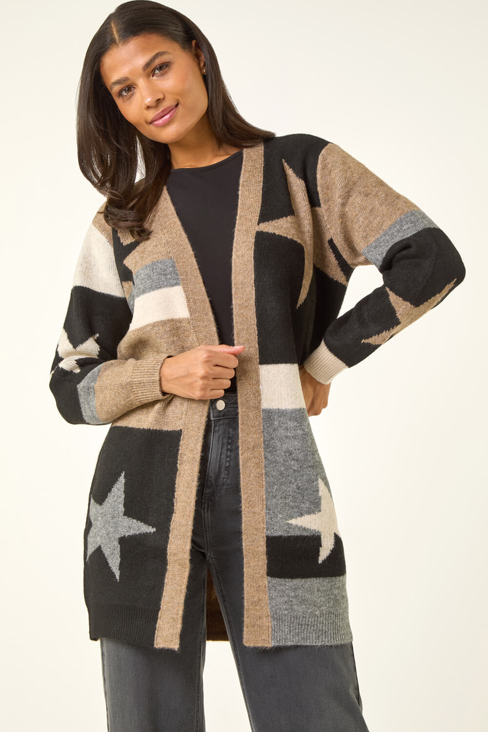 Natural Star Print Longline Stretch Cardigan, Image 5 of 5