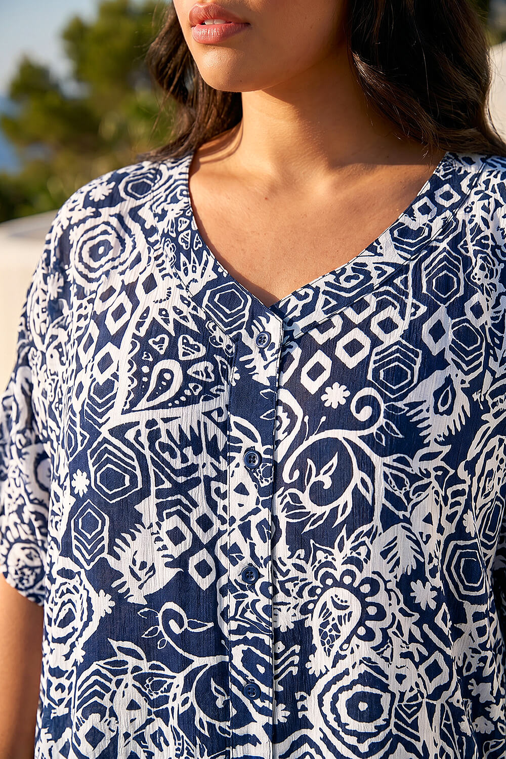 Navy Curve Ikat Print Asymmetric Blouse, Image 5 of 4