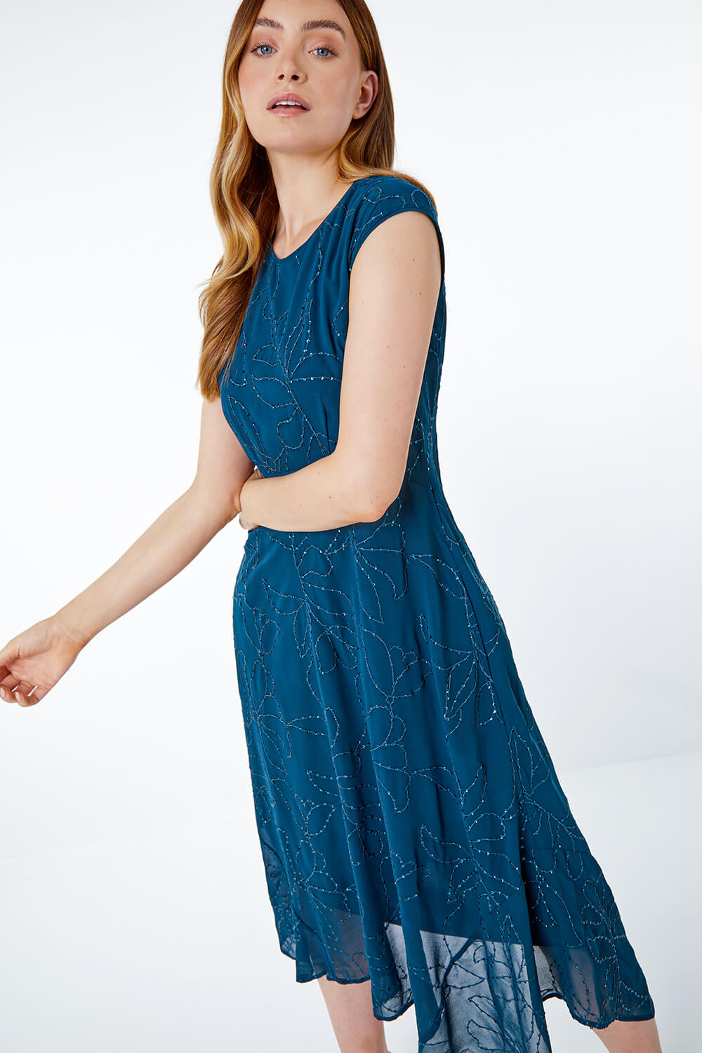 Teal Embroidered Sequin Chiffon Hanky Hem Dress, Image 1 of 5
