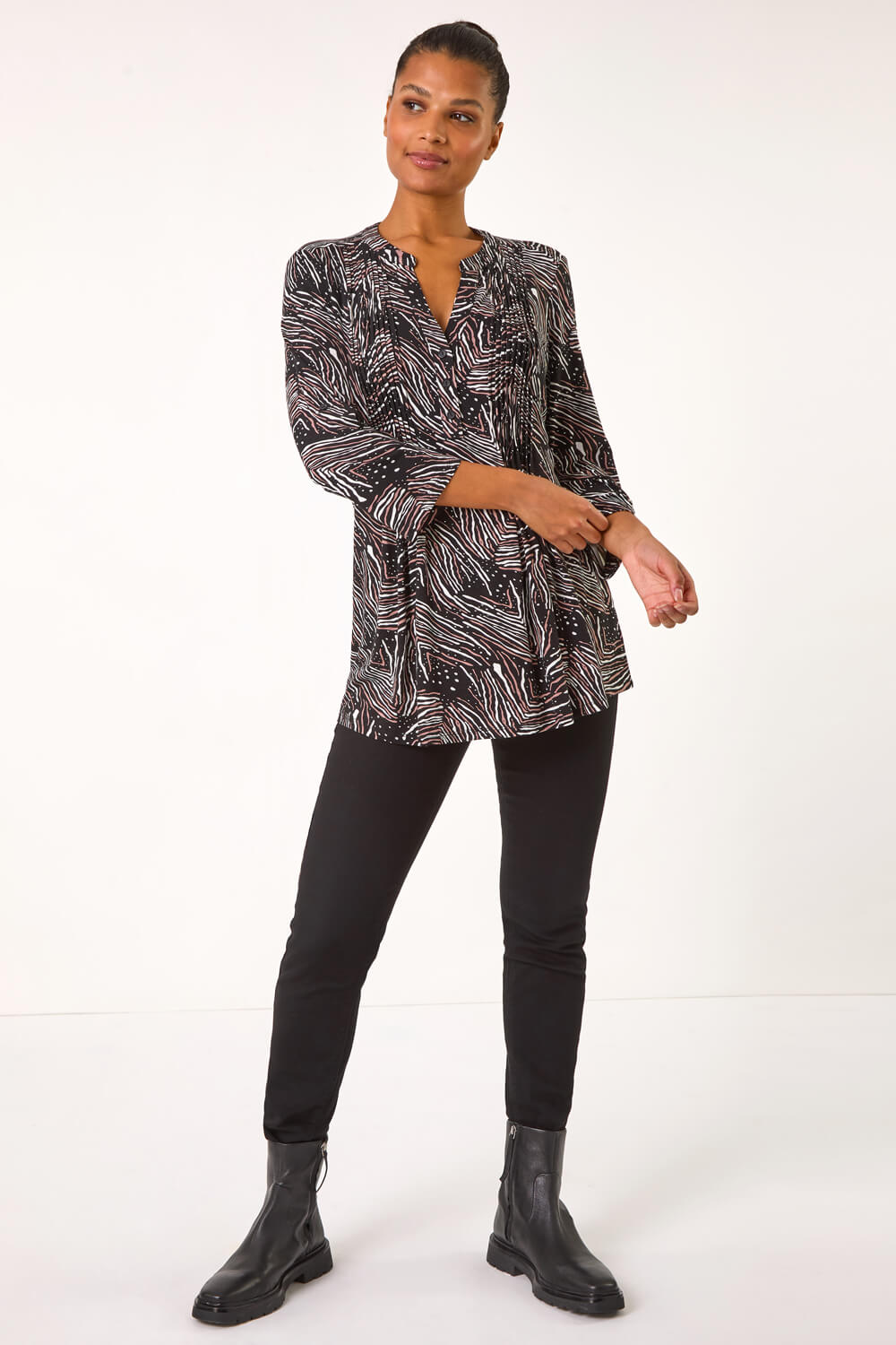 Mocha Linear Print Pintuck Pleat Shirt, Image 3 of 5