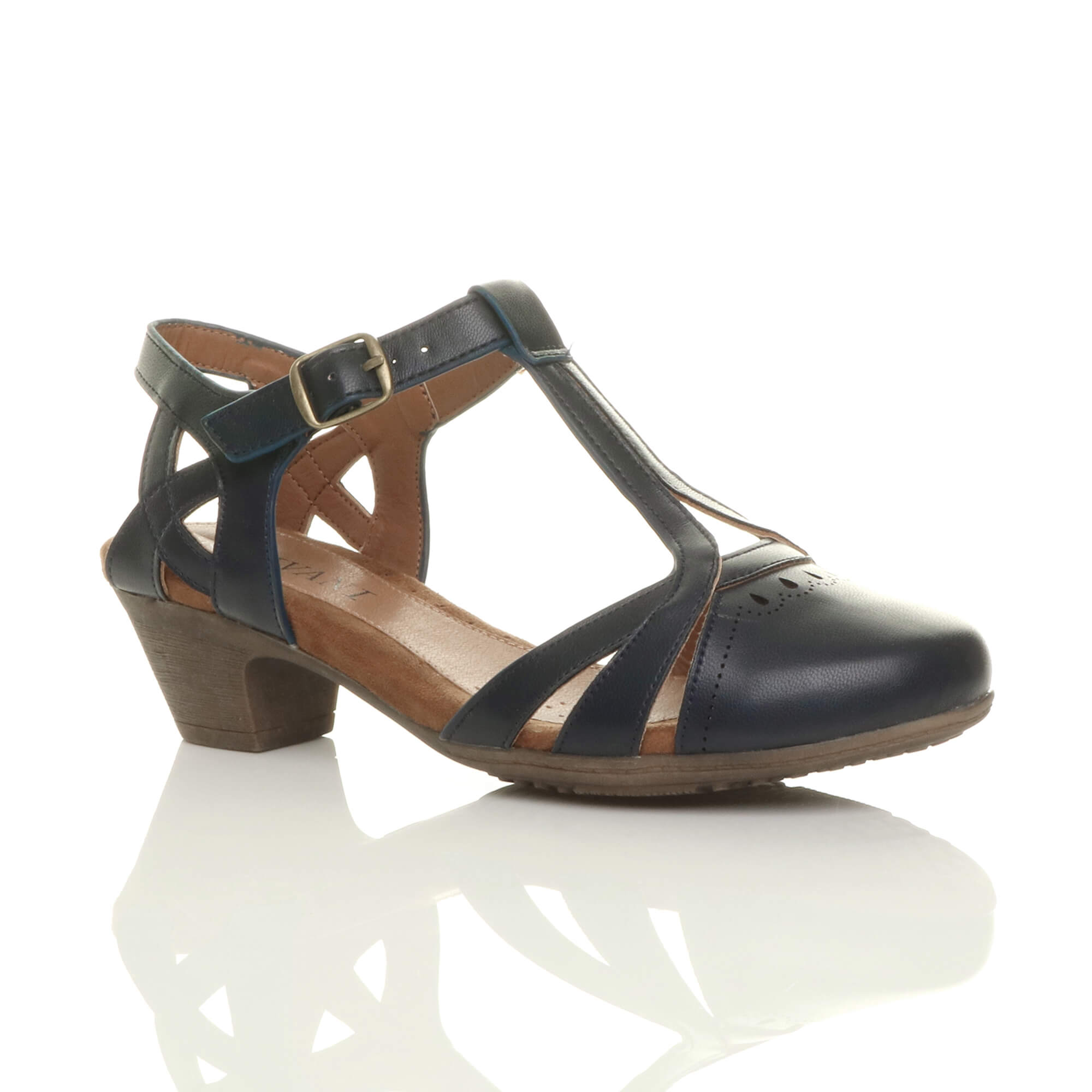 Black Mid Heel Comfort Cut Out T-Bar Brogue Court Shoes