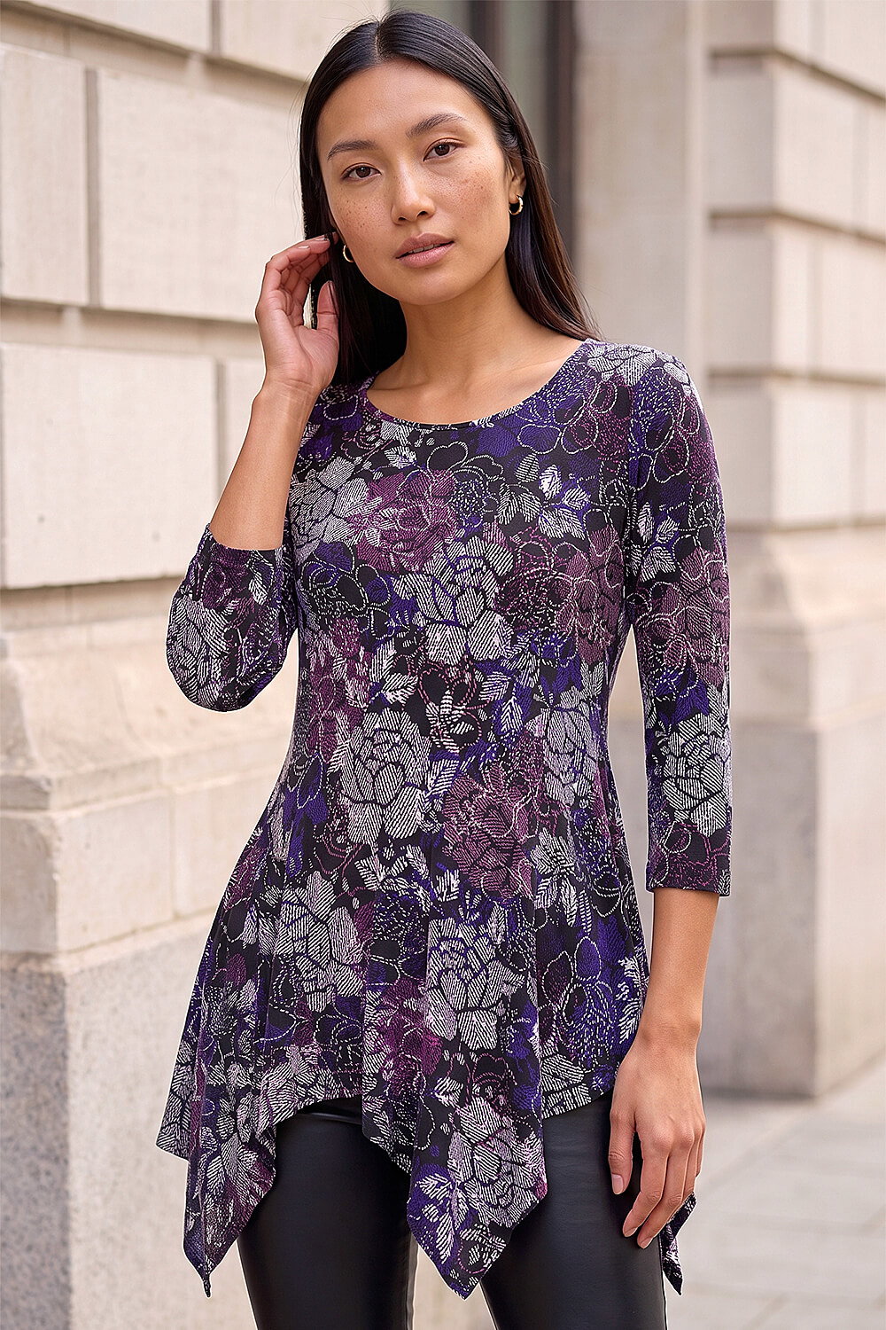 Roman Women's Purple Floral Puff Print Hanky Hem Top Size 10