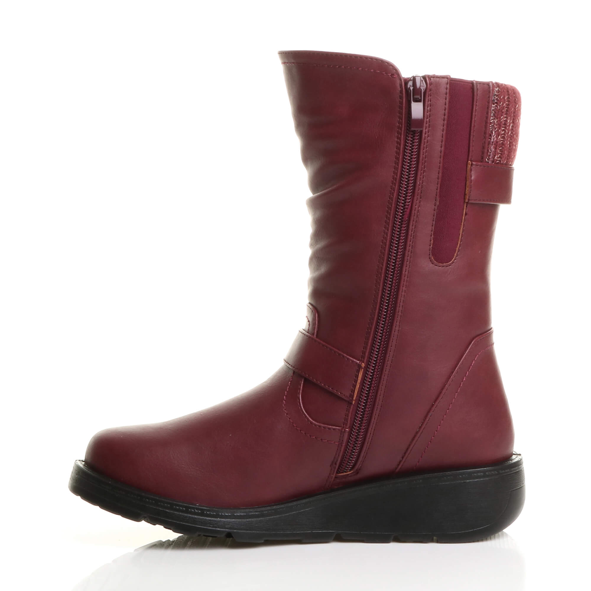 Burgundy AJVANI Burgundy Low Wedge Heel Comfort Calf Biker Boots, Image 3 of 6