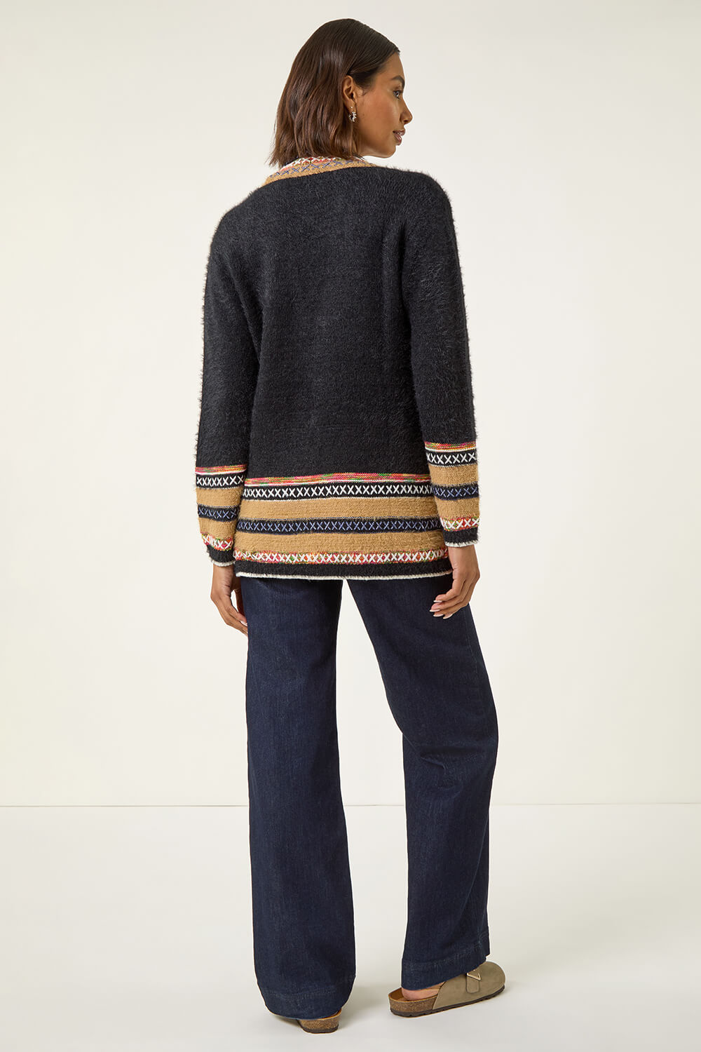Black Cross Stitch Detail Knit Cardigan, Image 4 of 5