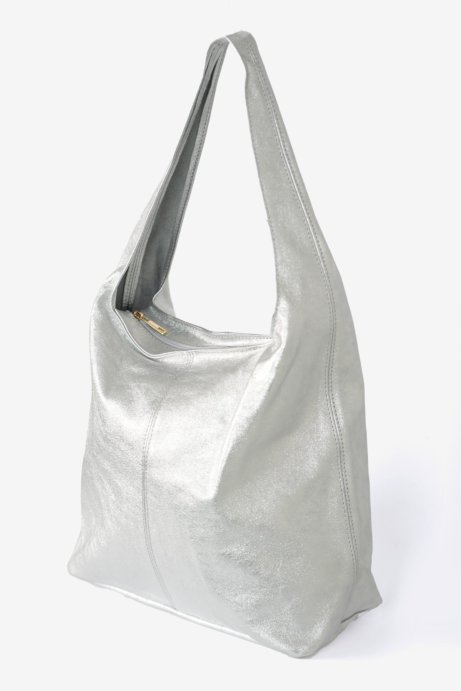 Silver Metallic Italian Leather Shoulder Bag, Image 2 of 3