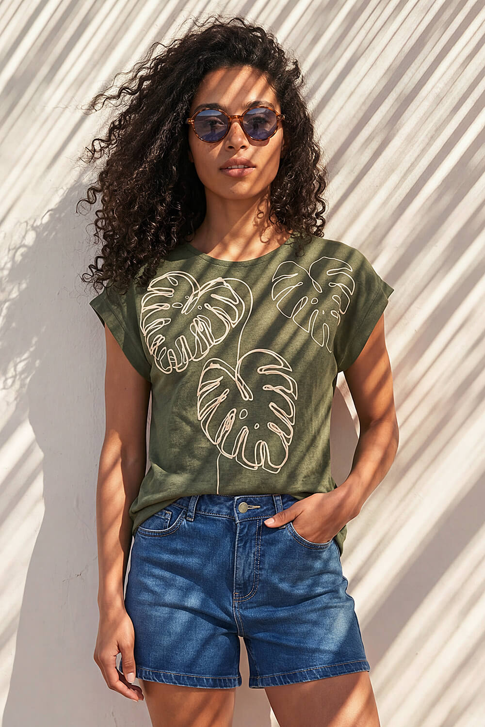 Khaki Embroidered Leaf T-Shirt, Image 3 of 4