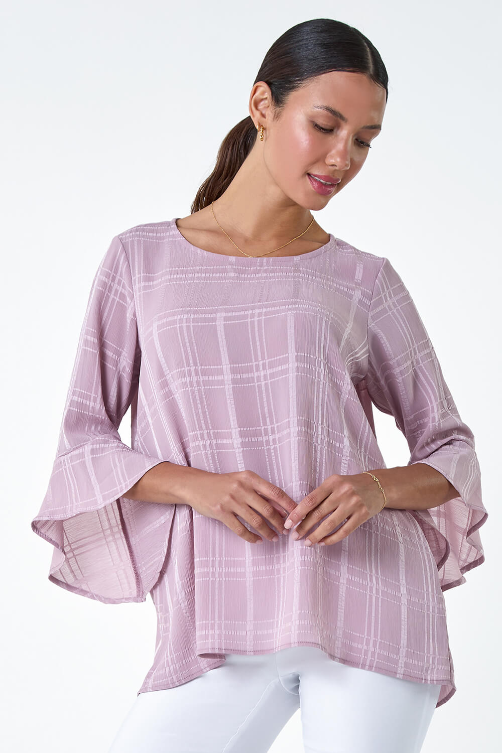 Light Pink Satin Stripe Frill Sleeve Top, Image 1 of 5