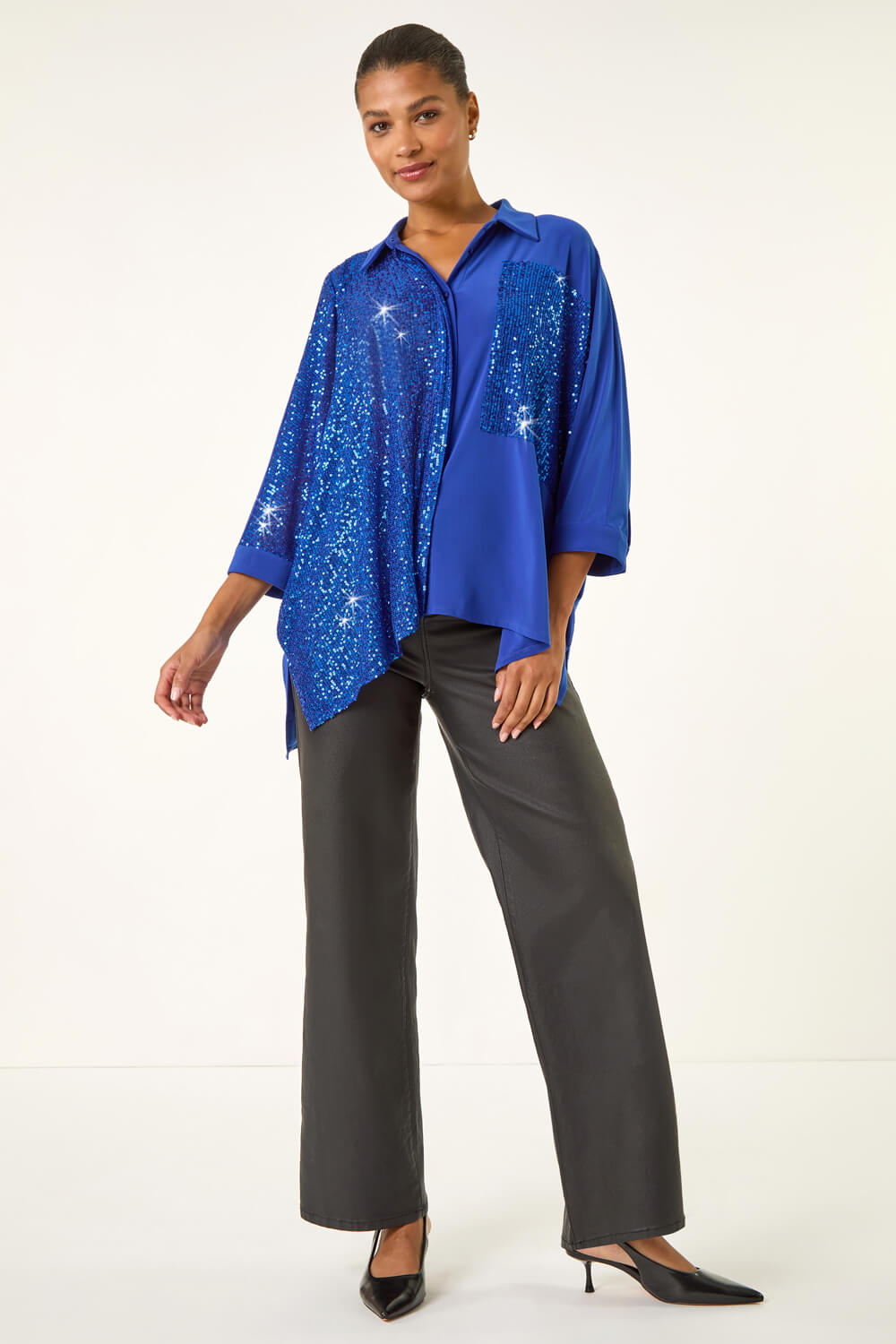 Royal Blue Sequin Buttoned Blouse , Image 3 of 5