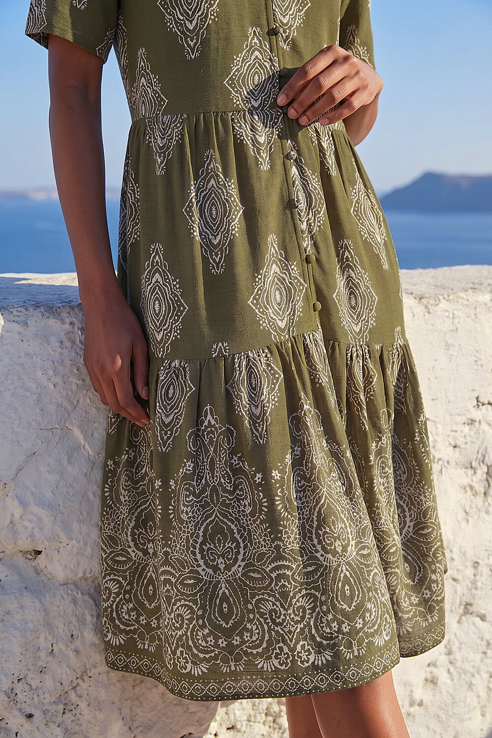 KHAKI Petite Border Print Tiered Dress, Image 5 of 4