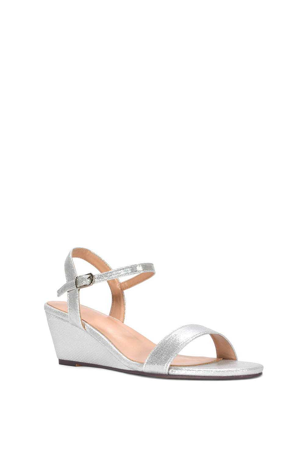 Silver XY LONDON Silver 'Alissa' Low Wedge Heel Sandals With Ankle Strap, Image 2 of 5
