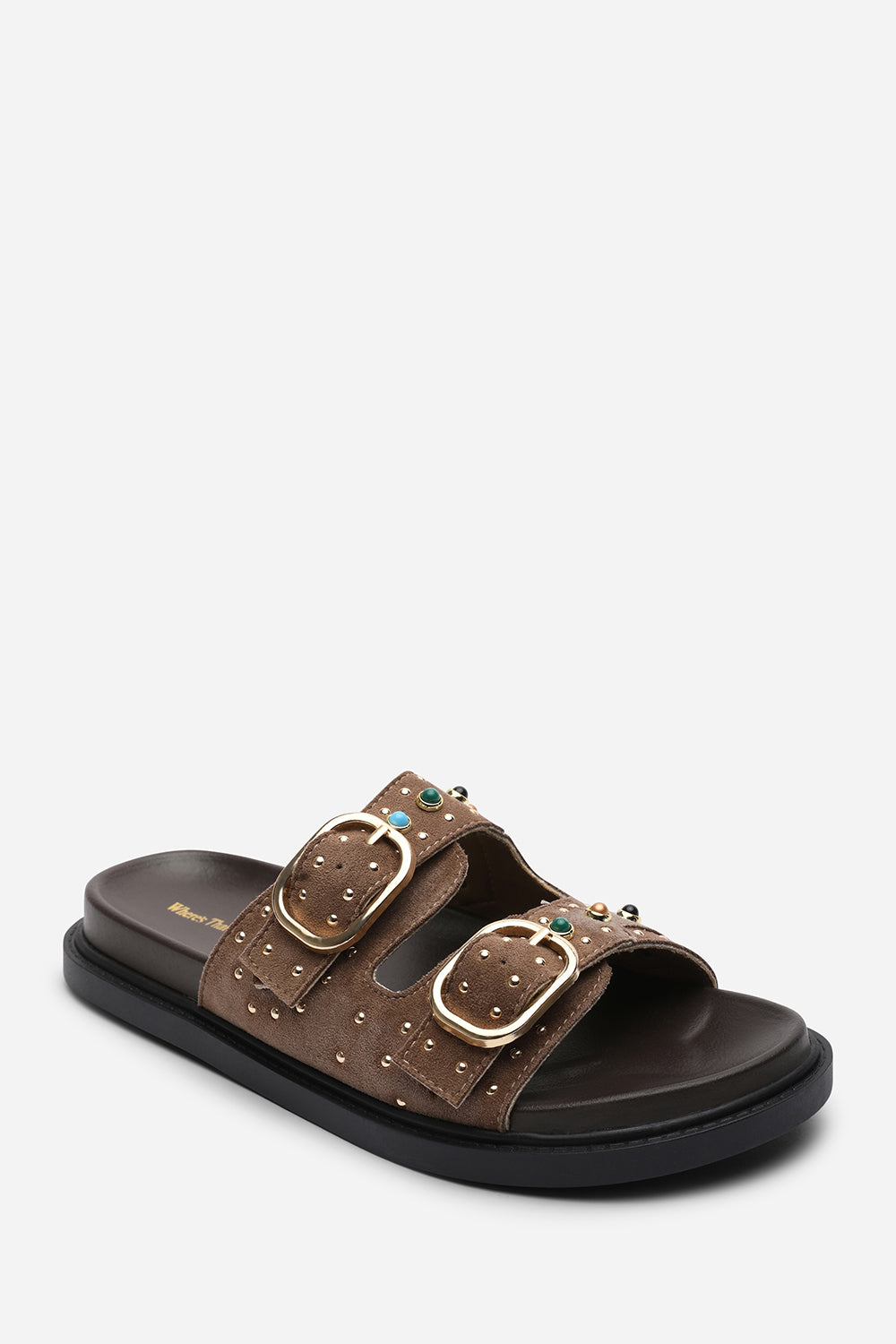 Camel Ceylon Diamante Stud Double Buckle Slide On Sandal, Image 3 of 6