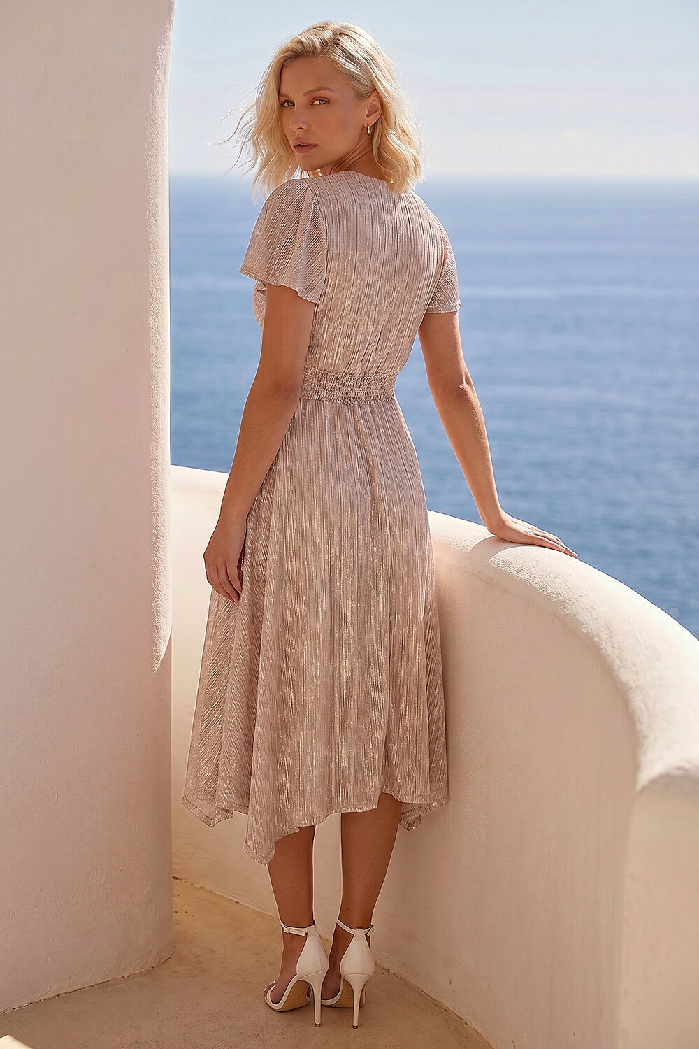 Light Pink Petite Shimmer Twist Front Midi Dress, Image 4 of 4
