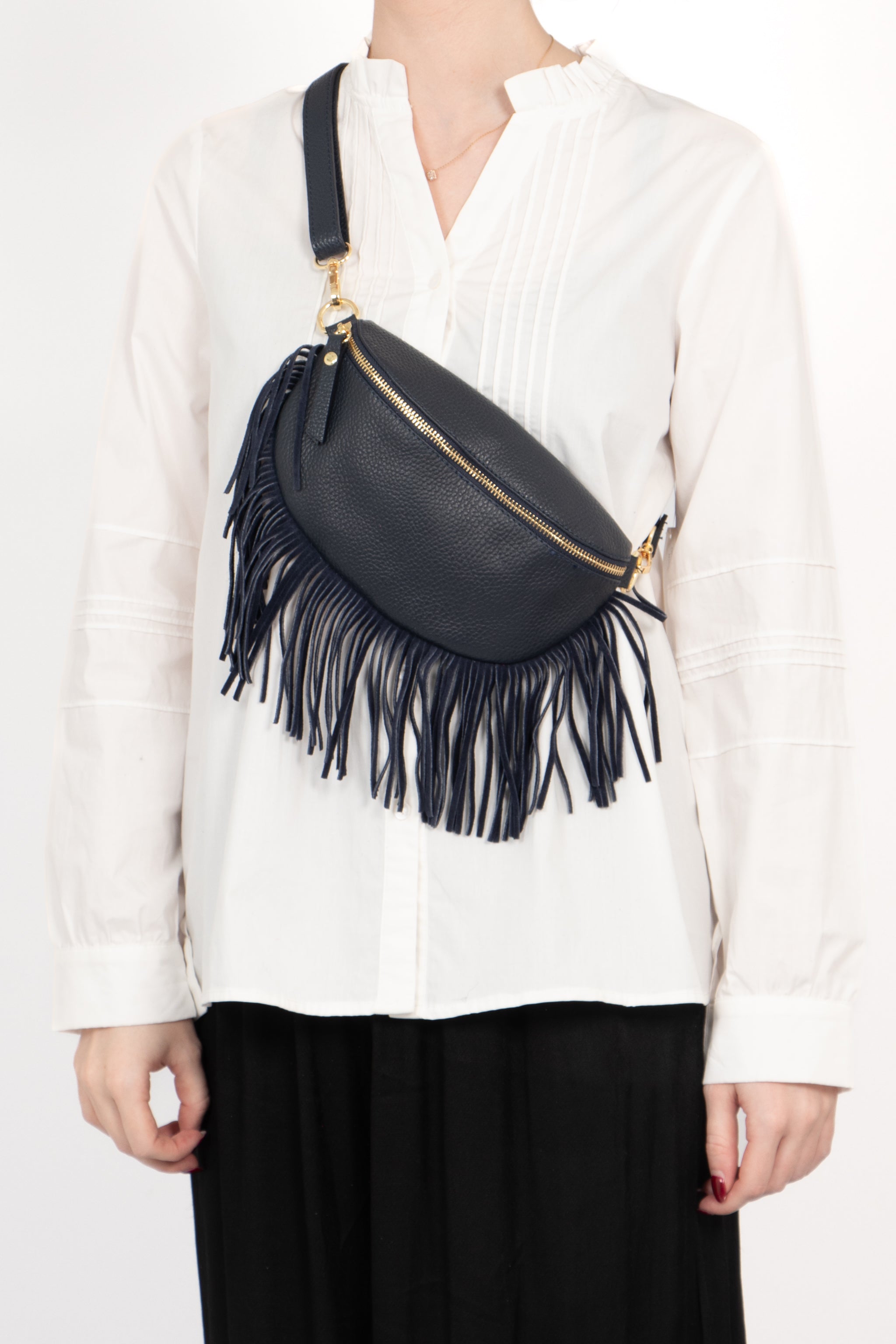 Navy Blue Fringed Half Moon Leather Crossbody Bag, Image 2 of 2