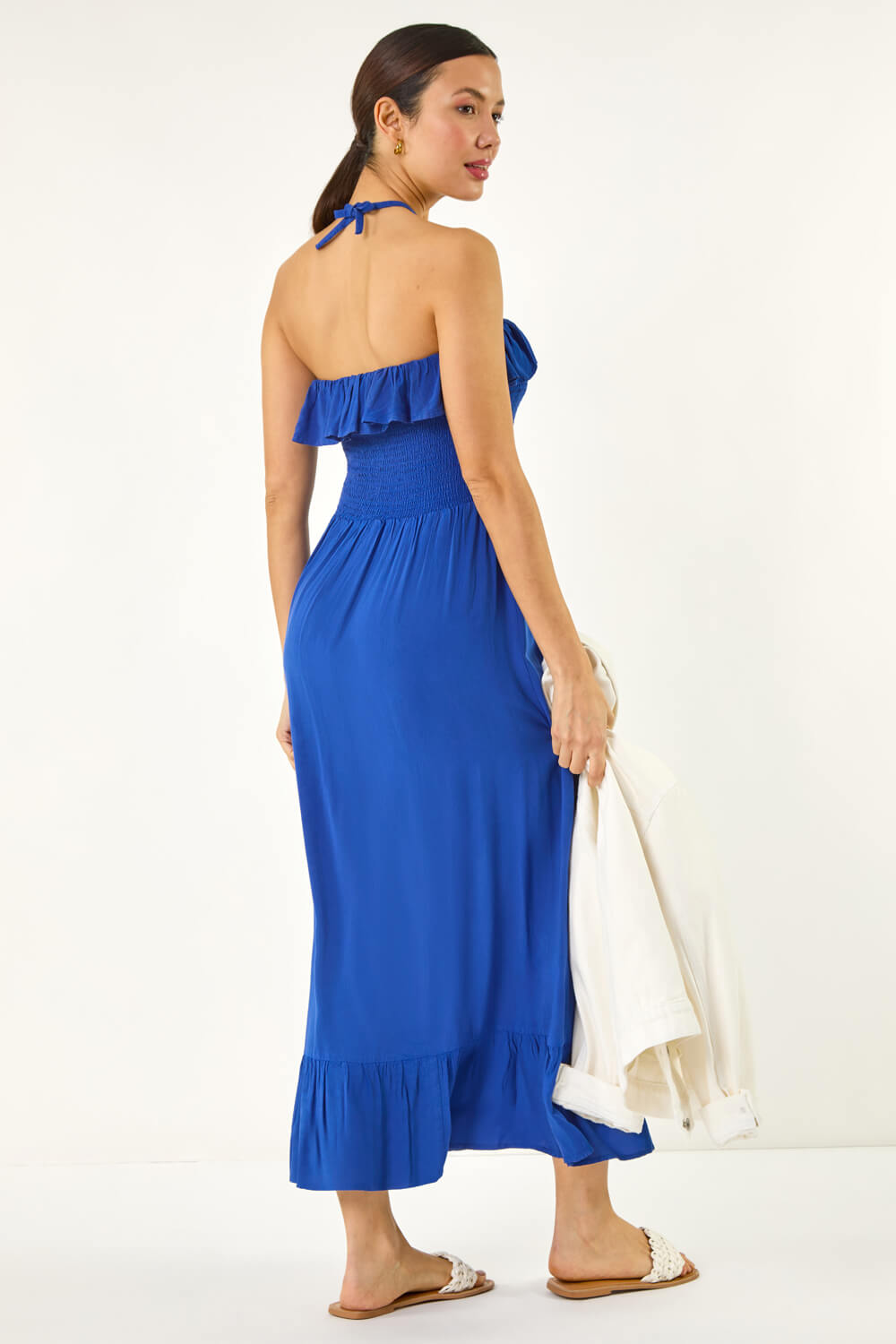 Blue Frill Shirred Bandeau Midi Dress, Image 4 of 5