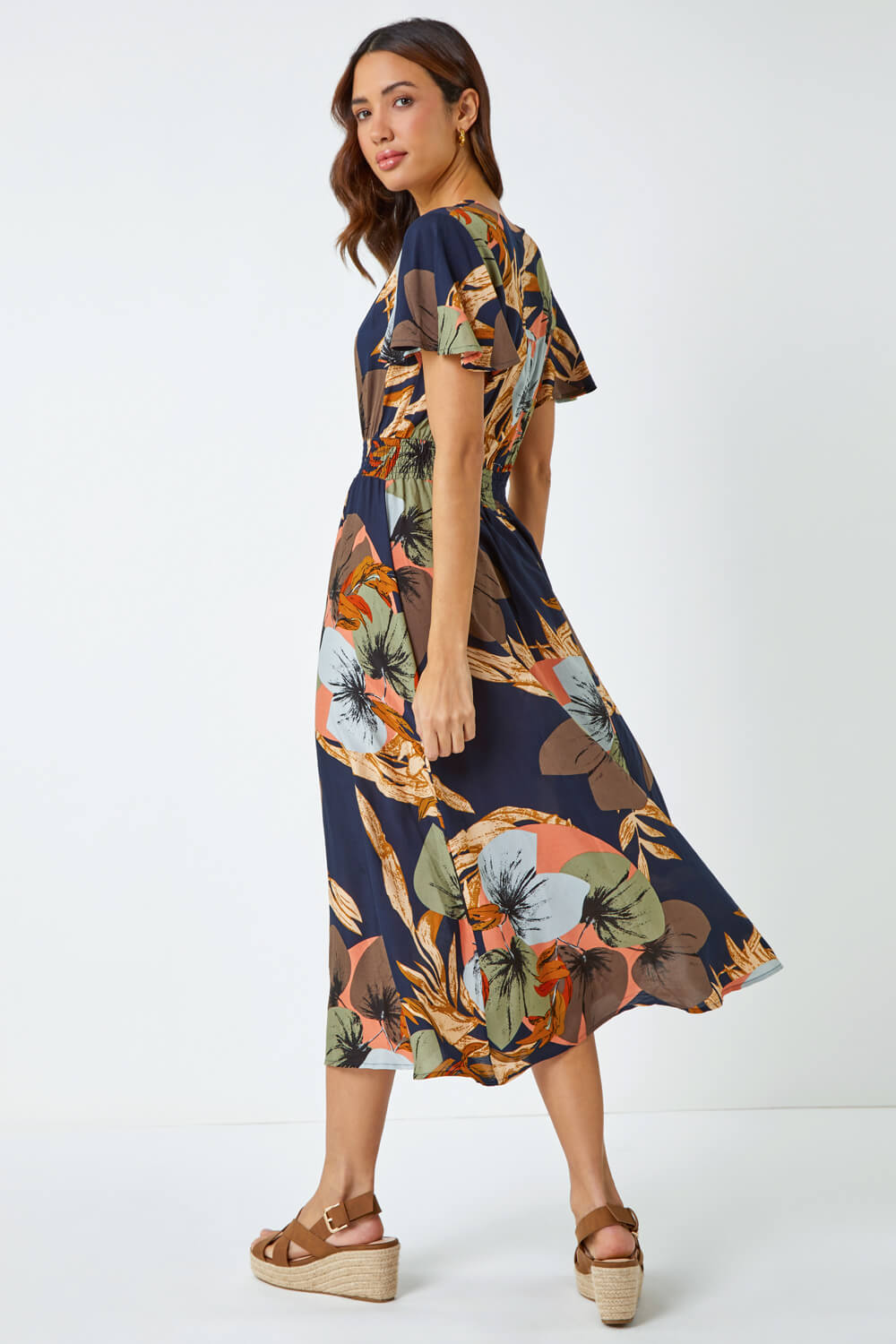 Navy Angel Sleeve Floral Print Midi Dress | Roman UK Navy Angel Sleeve Floral Print Midi Dress | Roman UK