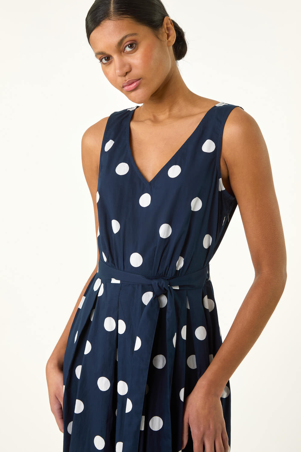 Navy Polka Dot Belted Midi Dress, Image 5 of 5