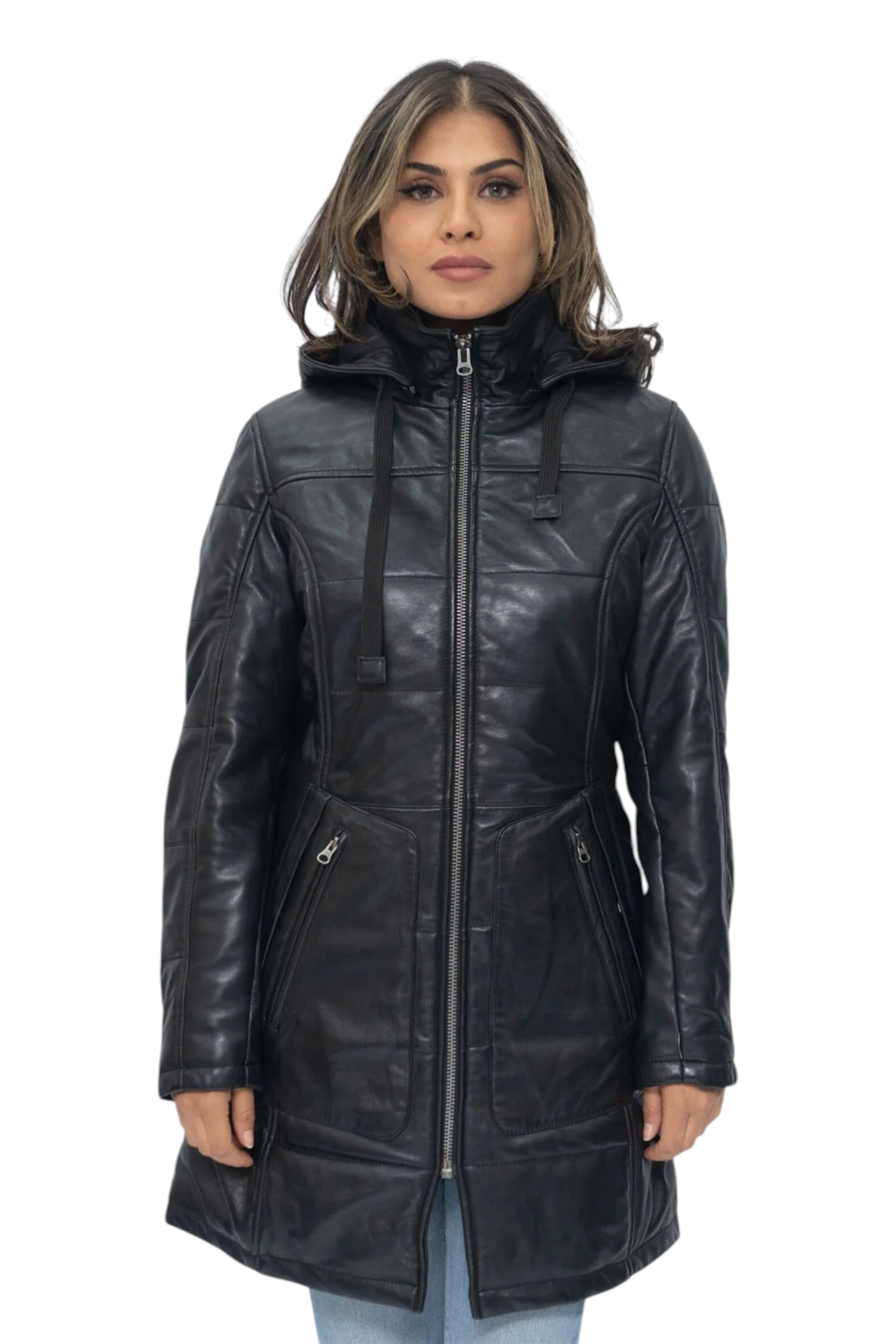 Black Womens Leather Quilted Parka Coat -Allen, Image 1 of 6
