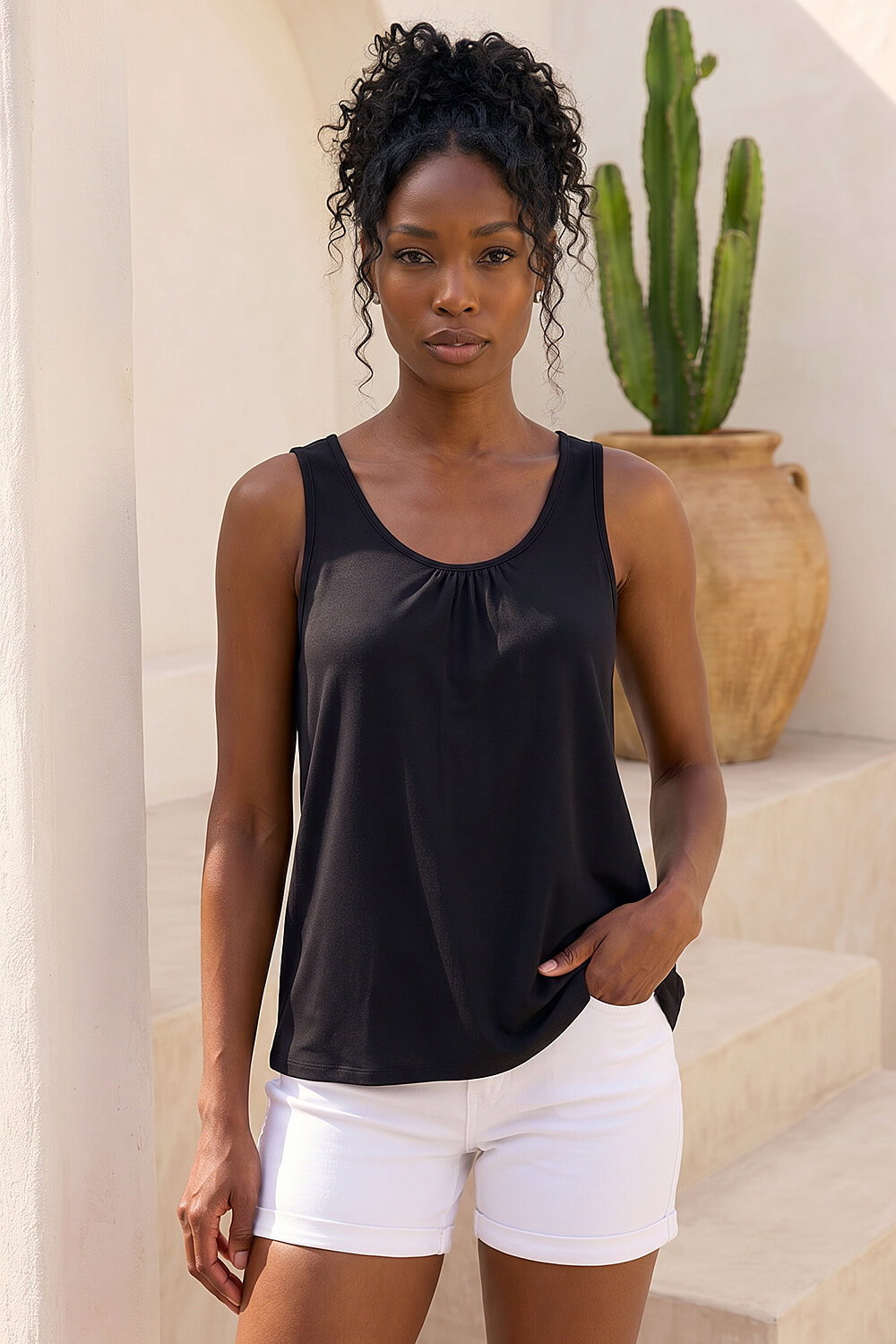 Black Stretch Jersey Vest Top, Image 1 of 4