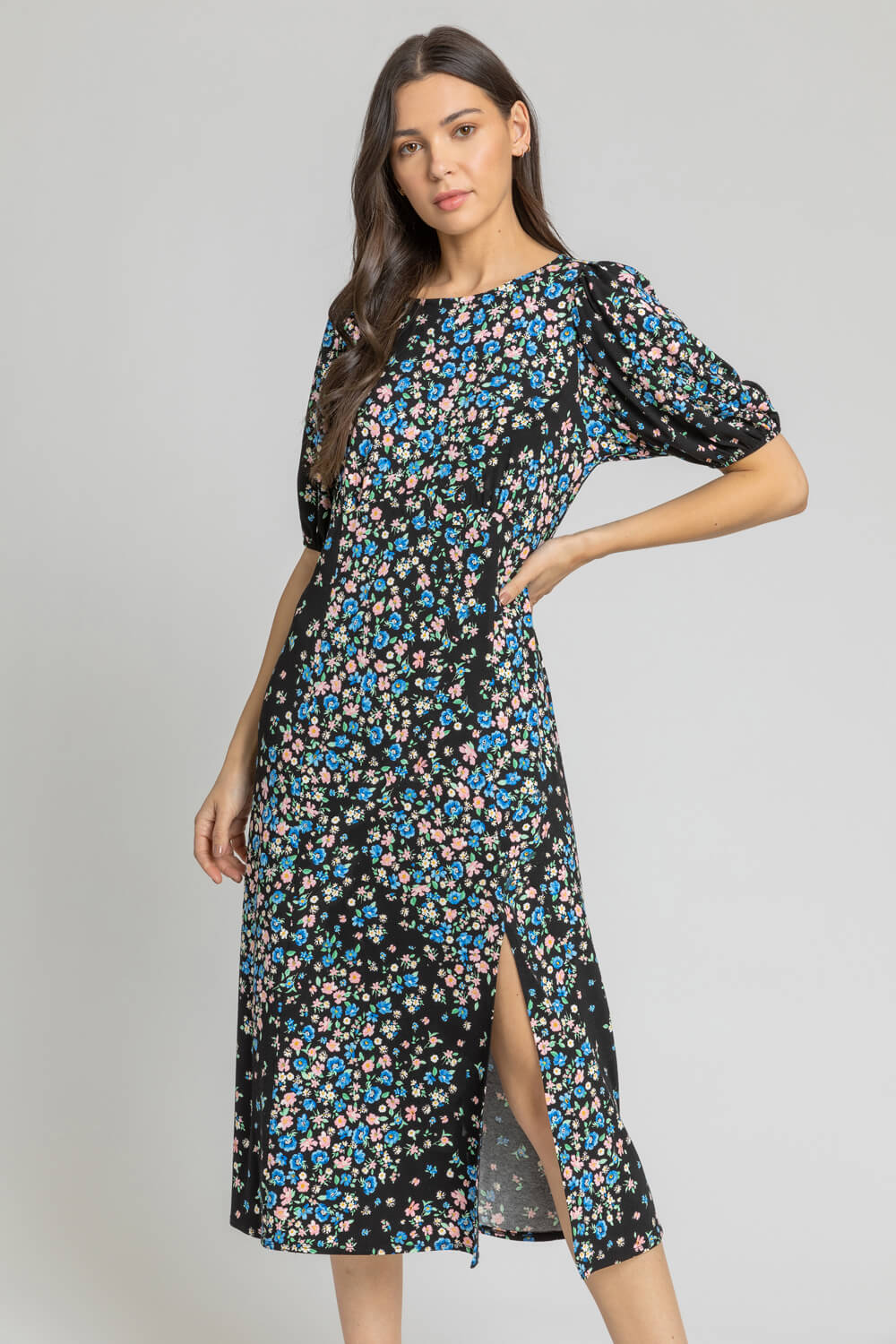 Floral Print Bell Sleeve Empire Midi Dress