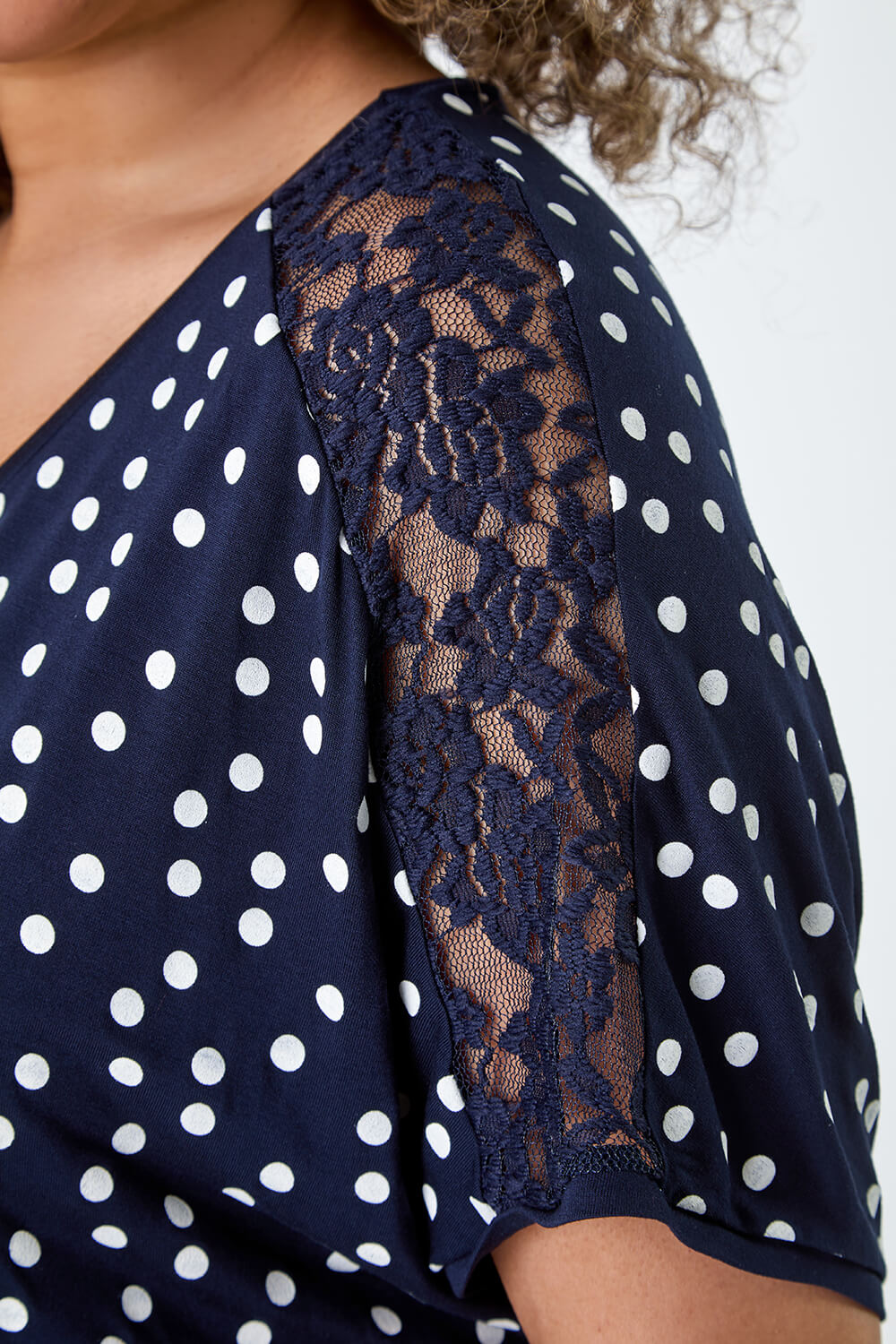 Navy Curve Lace Shoulder Polka Dot Stretch T-Shirt, Image 6 of 5