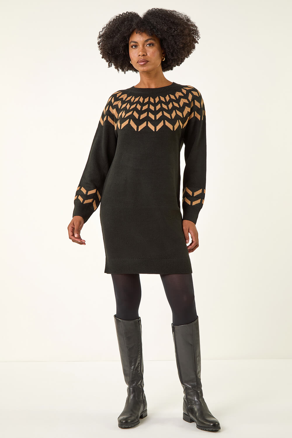 Camel Chevron Stretch Knit Jumper Dress, Image 3 of 5