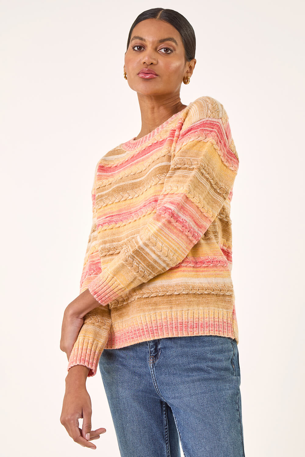 Beige Cable Stripe Knit Jumper , Image 5 of 5