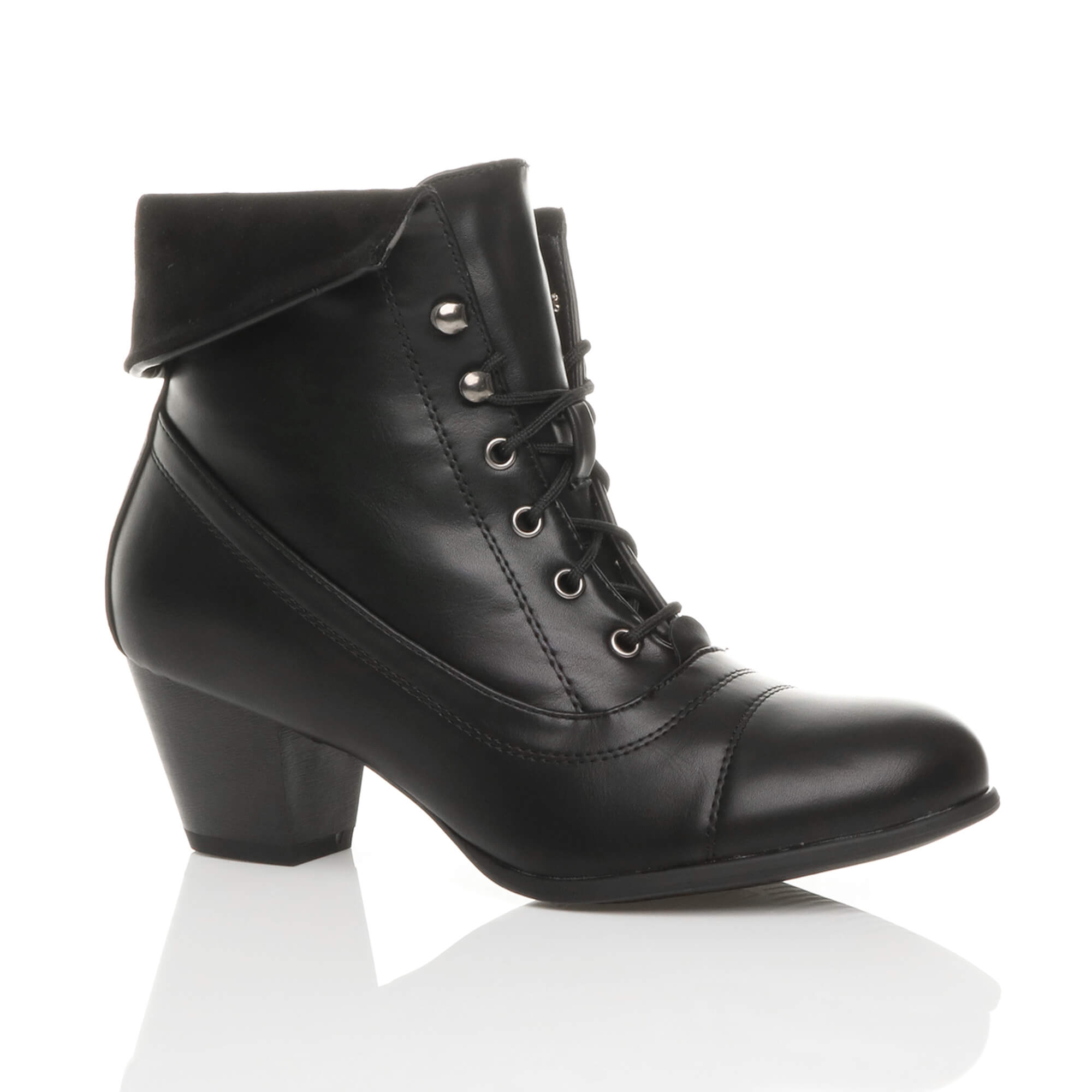 Black Mid Cuban Heel Pixie Lace Up Granny Ankle Boots