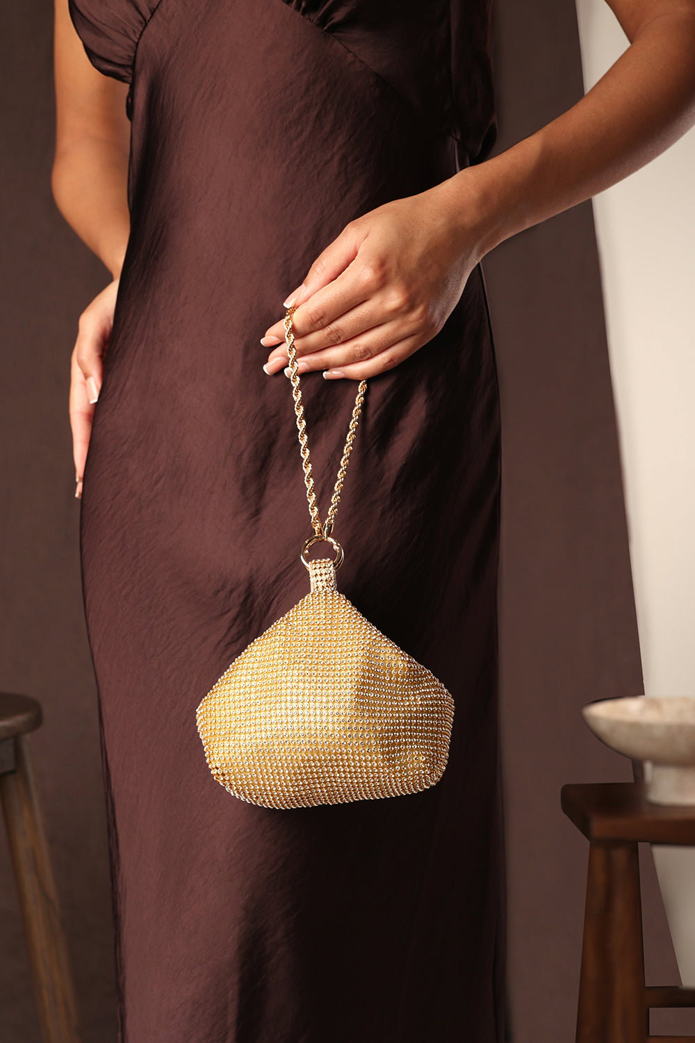 Gold Lore Diamante Pouch Bag with Chain Detail Handle, Image 6 of 6