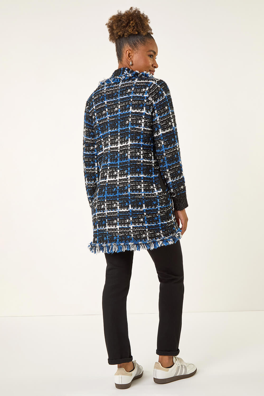 Navy Check Fringe Knit Cardigan, Image 4 of 5