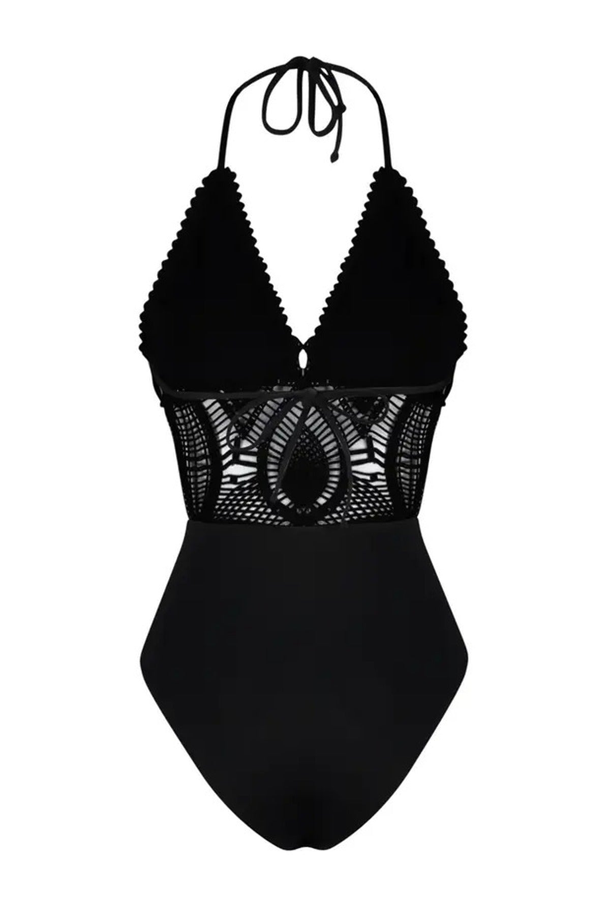 Black WOVCOR Black Halterneck Lace Detail Plunge Swimsuit, Image 3 of 4