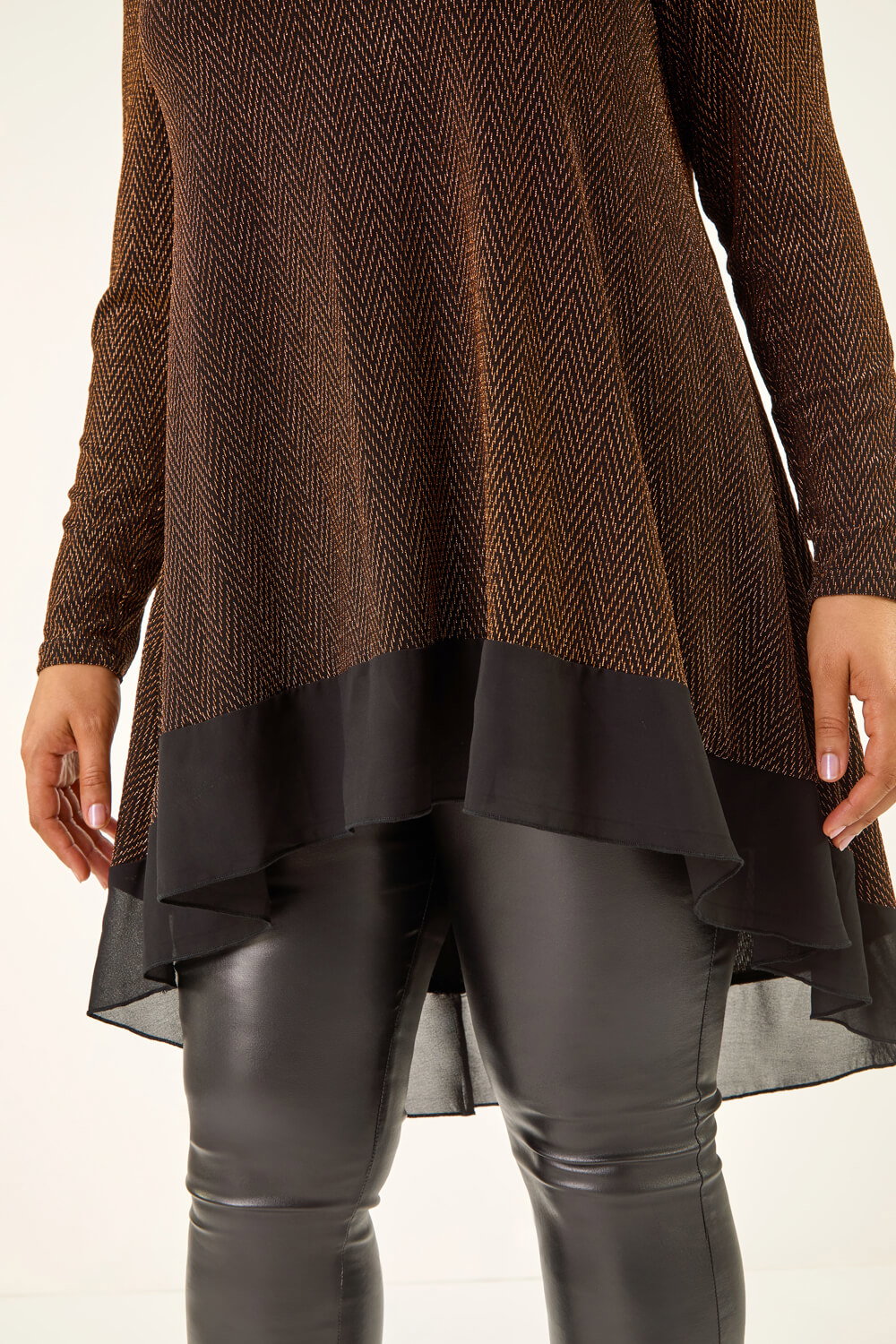 Bronze Curve Glitter Chiffon Hem Tunic Top, Image 6 of 5