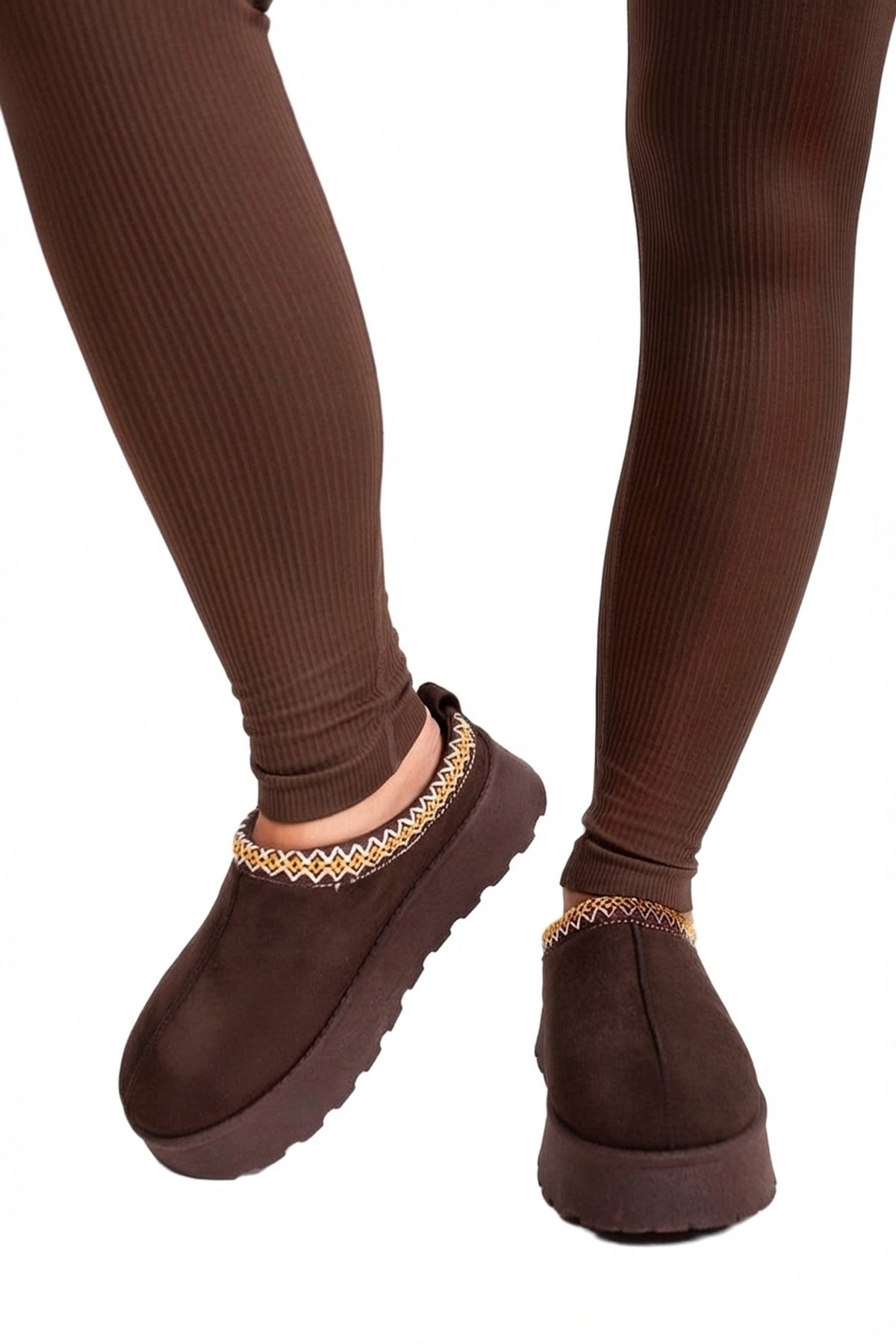 Brown iKrush Brown Jolene Aztec Detail Low Ankle Platform Slipper Boots, Image 6 of 8
