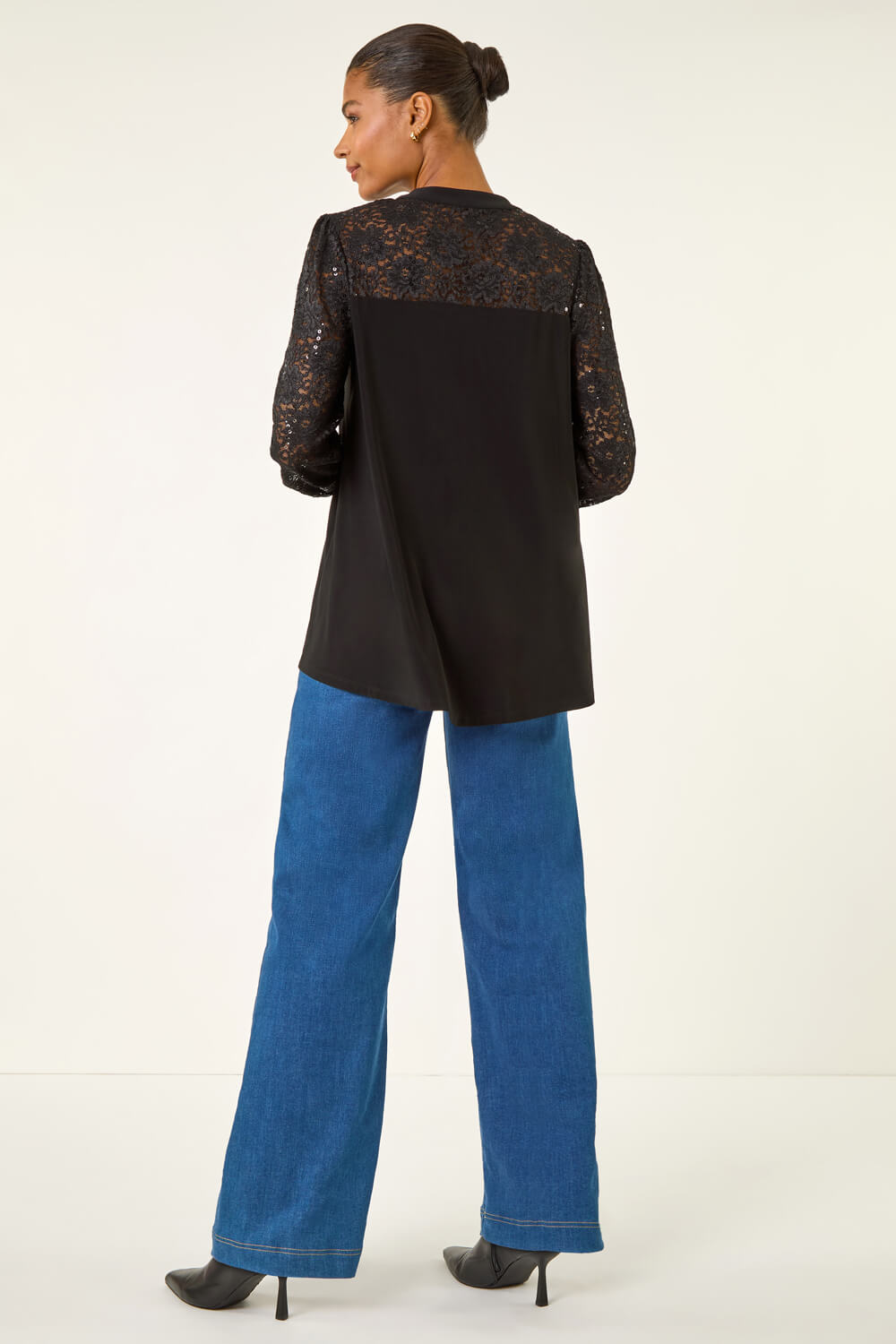Black Sequin Lace Insert Stretch Blouse, Image 5 of 5
