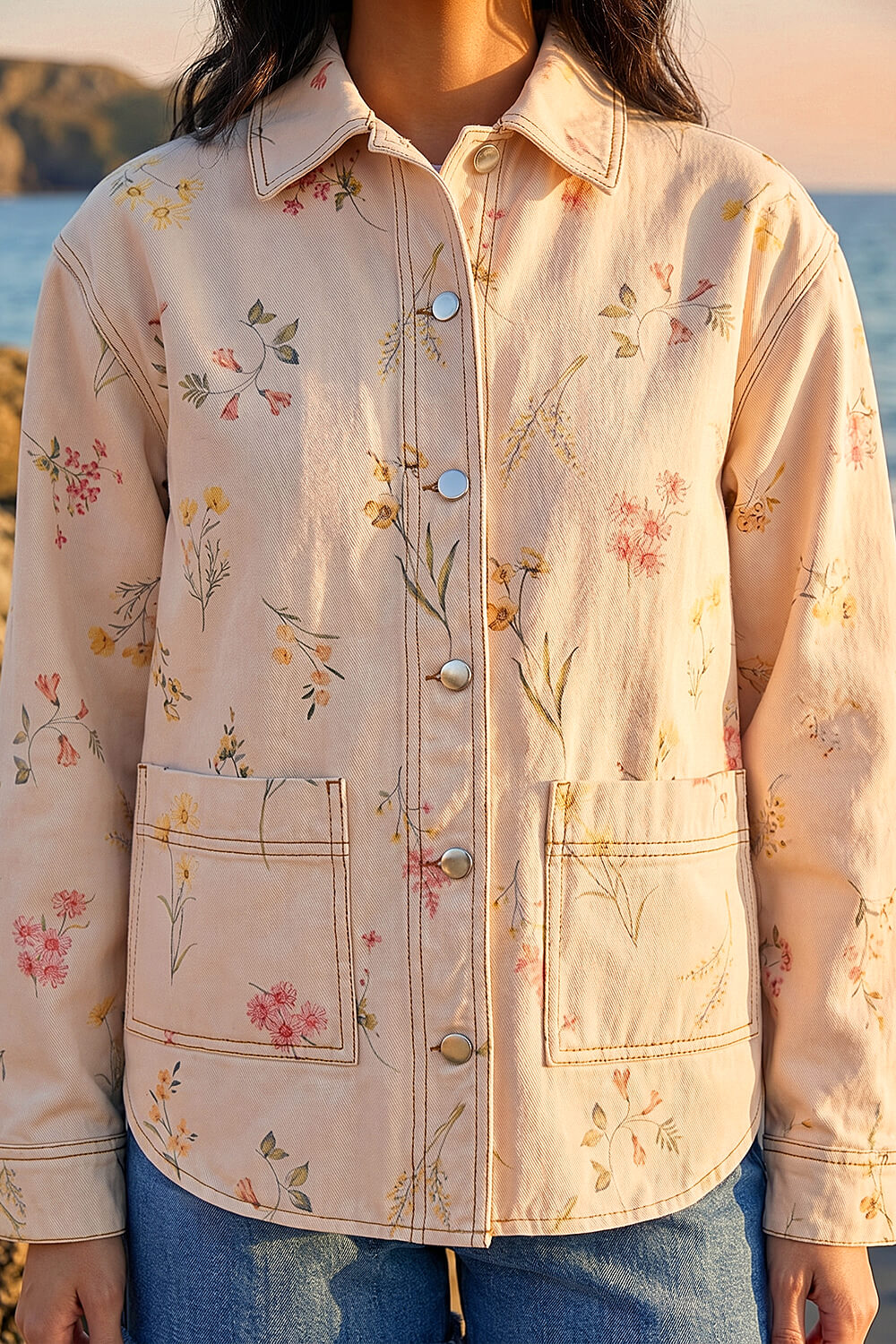 Neutral Floral Denim Jacket, Image 5 of 4
