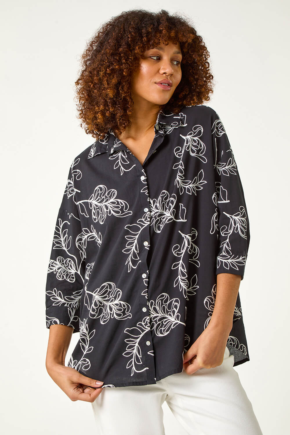 Black Embroidered Floral Cotton Shirt, Image 8 of 7