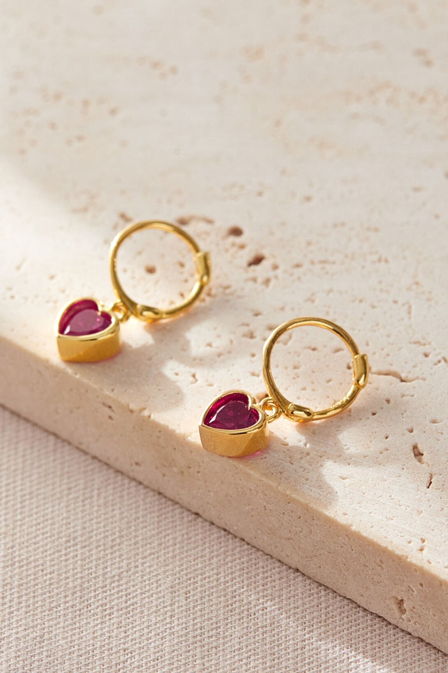 Fuchsia Gold CZ Heart Huggie Hoops, Image 1 of 2