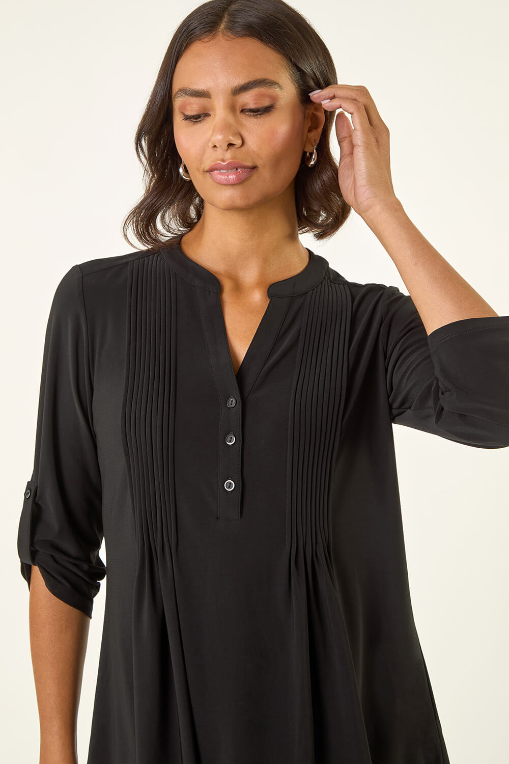 Black Pintuck Button Stretch Top, Image 1 of 5