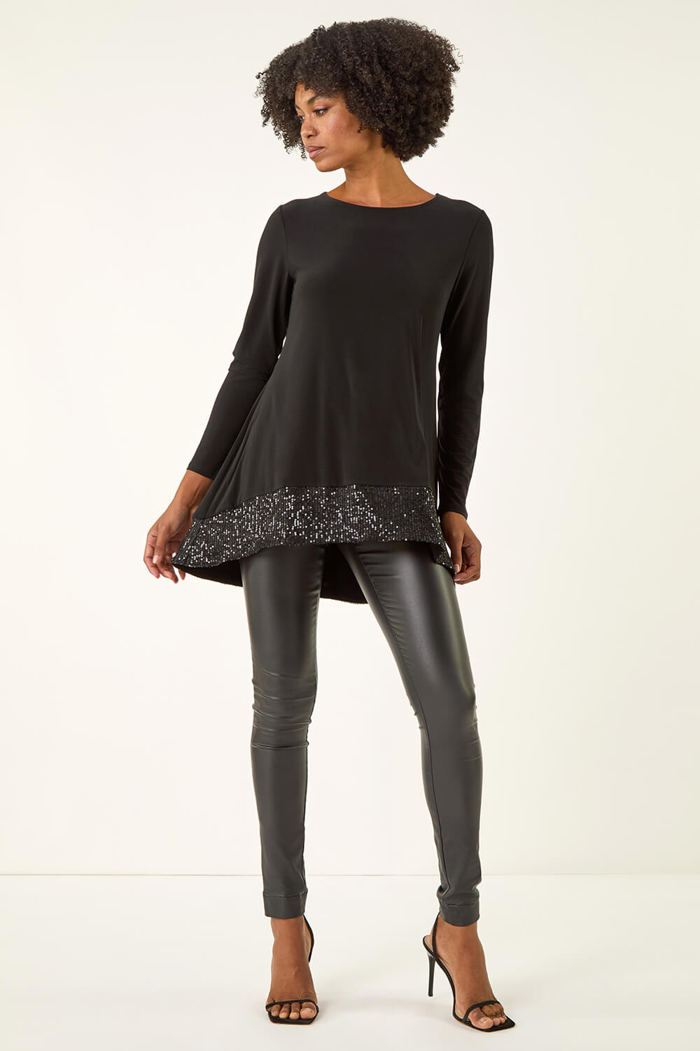 Black Sequin Hem Stretch Tunic Top, Image 3 of 5