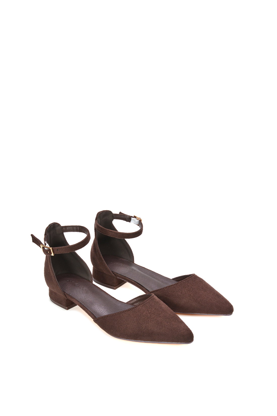 Brown XY LONDON Brown 'Jenny' Low Heel Flat Pointed Toe Ankle Strap Court Shoes, Image 5 of 6