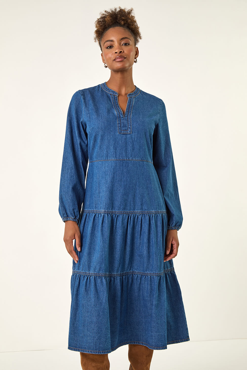 Denim Cotton Denim Tiered Midi Dress | Roman UK