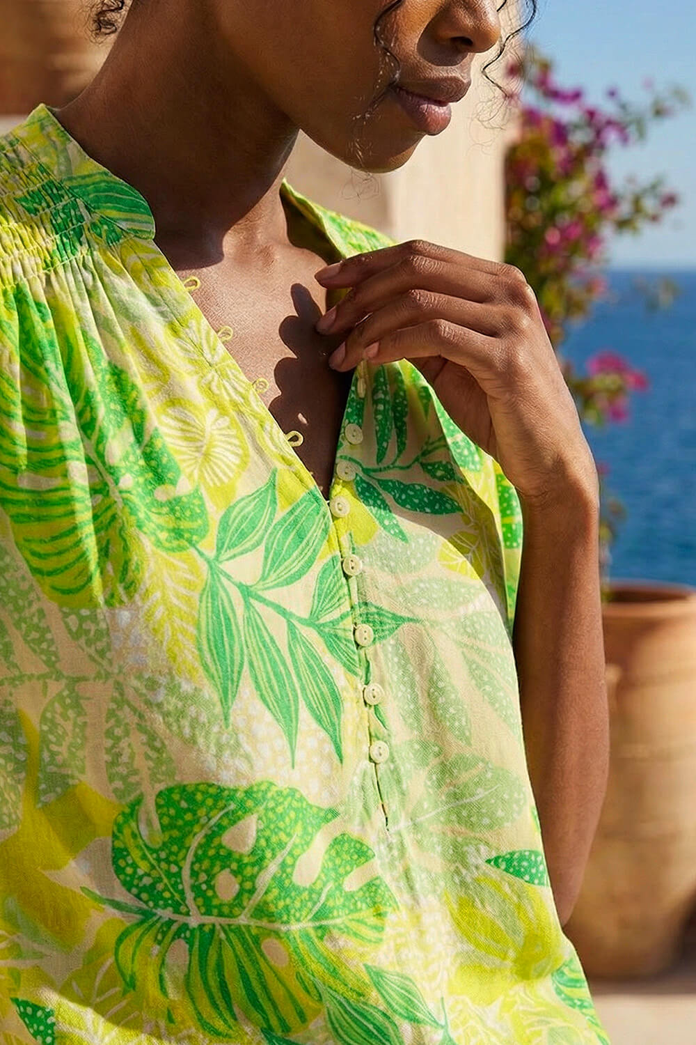 Lime Leaf Print Shirred V-Neck Top, Image 5 of 4