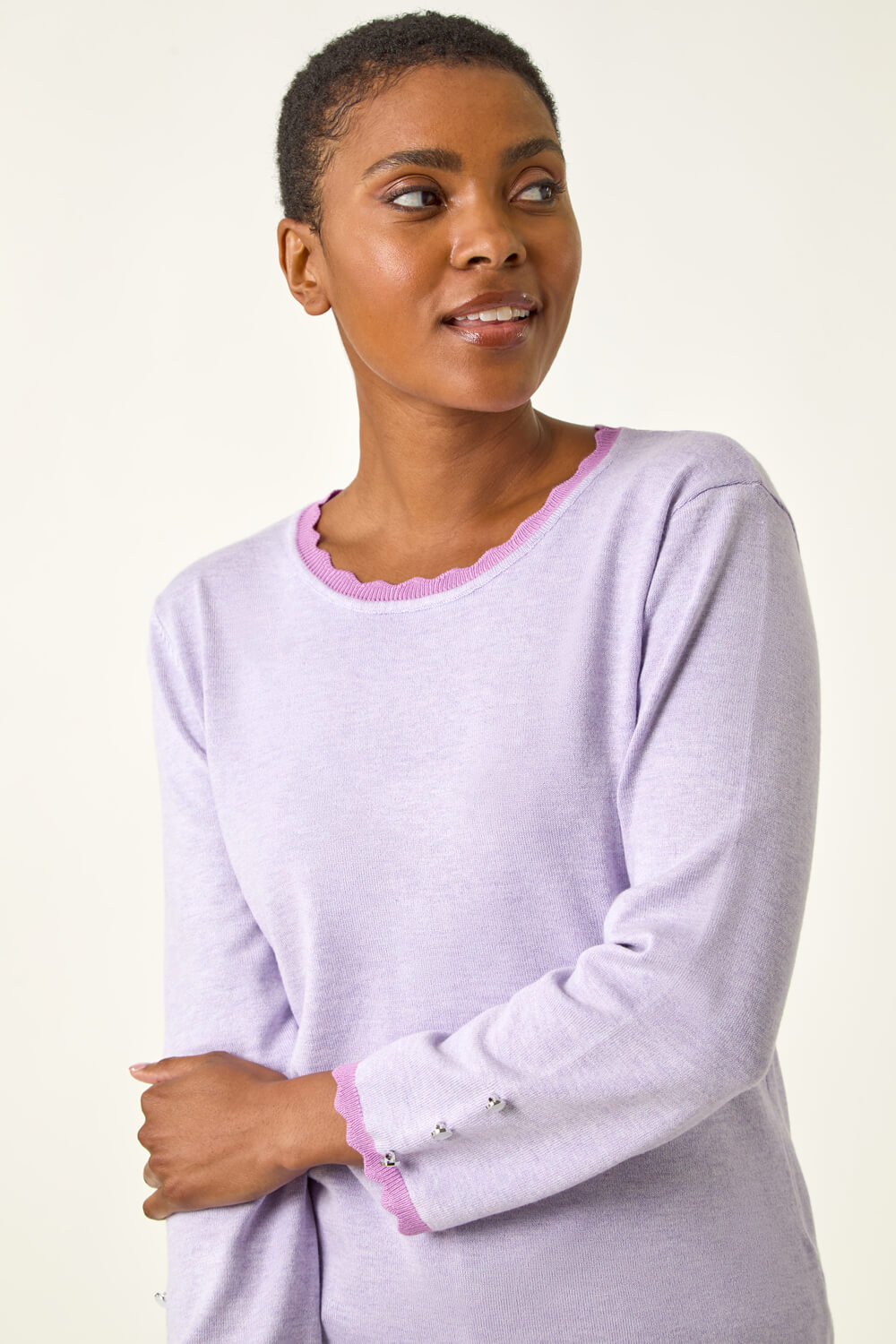 Lilac Scallop Neck Button Knit Jumper, Image 1 of 5