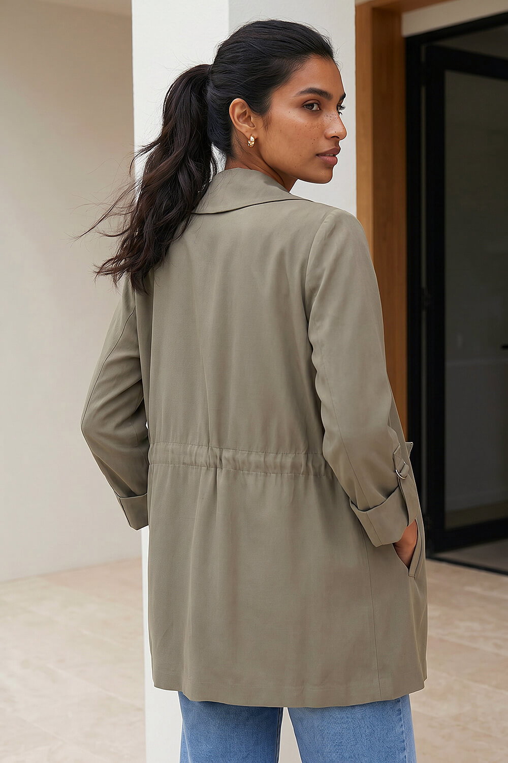 Khaki Tie Waist Longline Jacket, Image 4 of 4