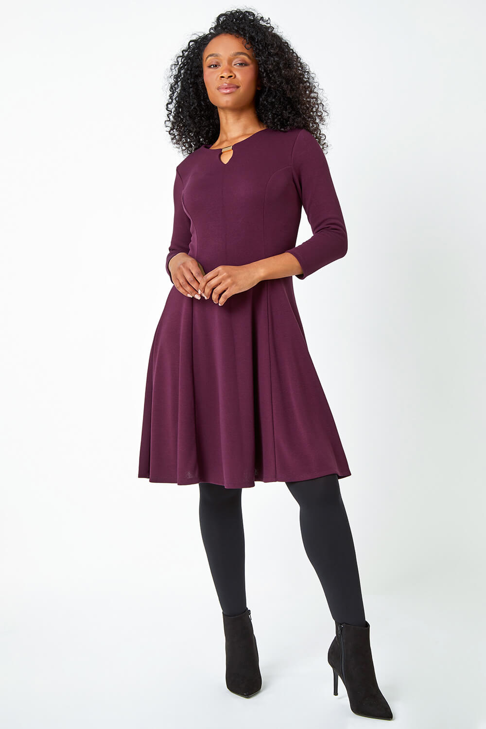 Purple Petite Panelled Skater Stretch Dress, Image 3 of 5