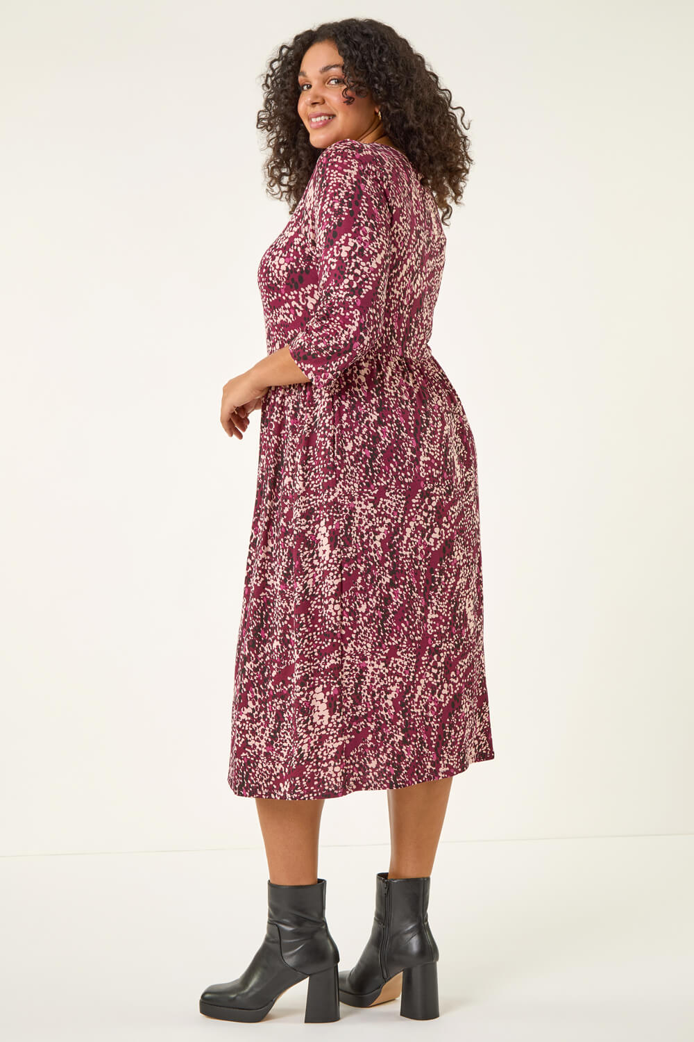 Red Curve Spot Print Stretch Midi Dress, Image 4 of 5